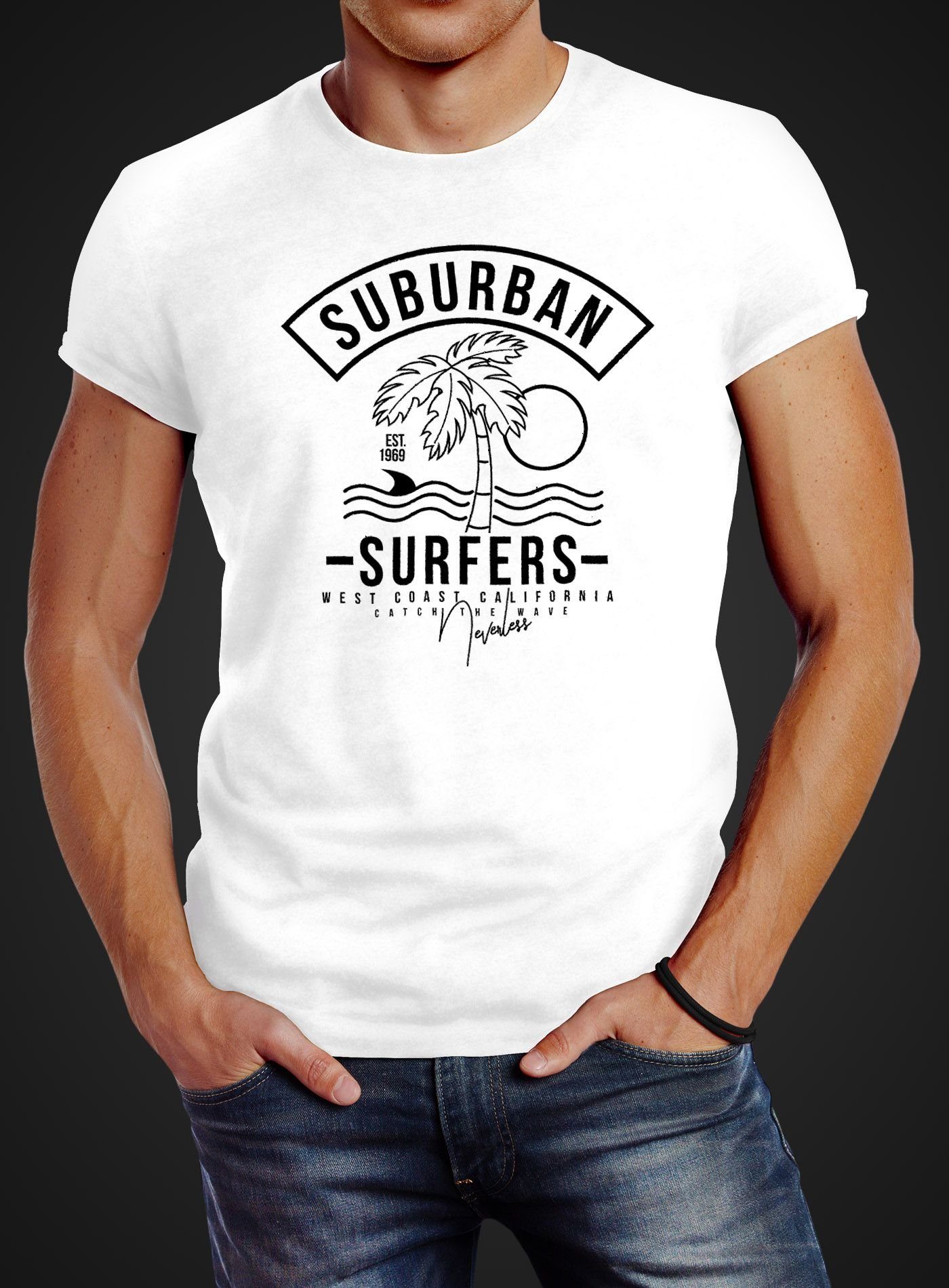 weiß Surfers Wellenreiten California Urlaub mit Fit Suburban Slim T-Shirt West Neverless Herren Print-Shirt Neverless® Coast Meer Print