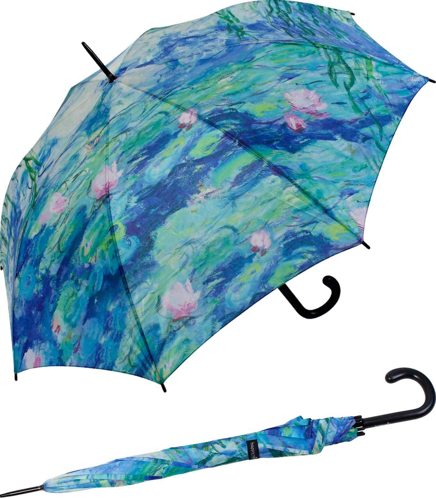 HAPPY RAIN Langregenschirm großer Regenschirm mit Künstlermotiv für Damen, Motiv Monet Wasserlilien