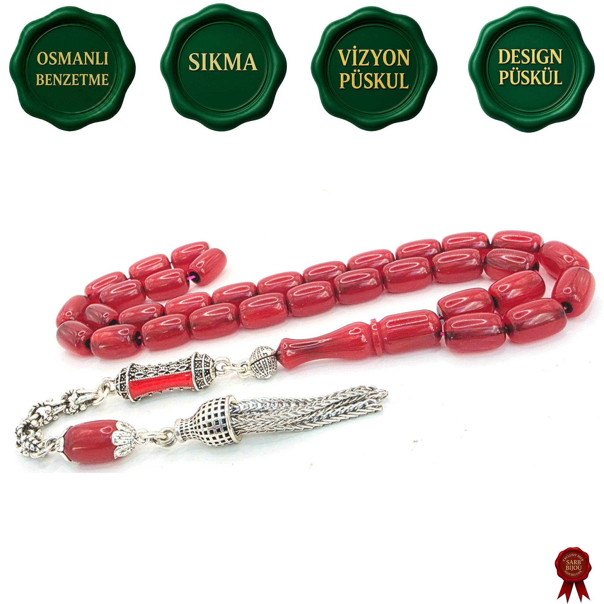 M-Punkt24 Kettenanhänger Tesbih Tespih Osmanli Benzetme (SIKMA, Kapsül, Rot-Kirmizi Matt, inkl. Etui, 7,5 x 10,5mm), SONDERPREIS WEGEN PRODUKTNEUHEIT, Gebetskette, Rosary, Subha, Misbah