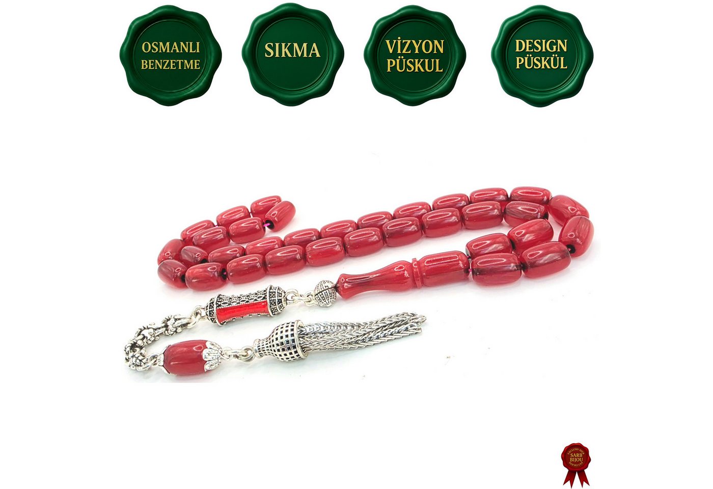 M-Punkt24 Kettenanhänger Tesbih Tespih Osmanli Benzetme (SIKMA, Kapsül, Rot-Kirmizi Matt, inkl. Etui, 7,5 x 10,5mm), SONDERPREIS WEGEN PRODUKTNEUHEIT, Gebetskette, Rosary, Subha, Misbah