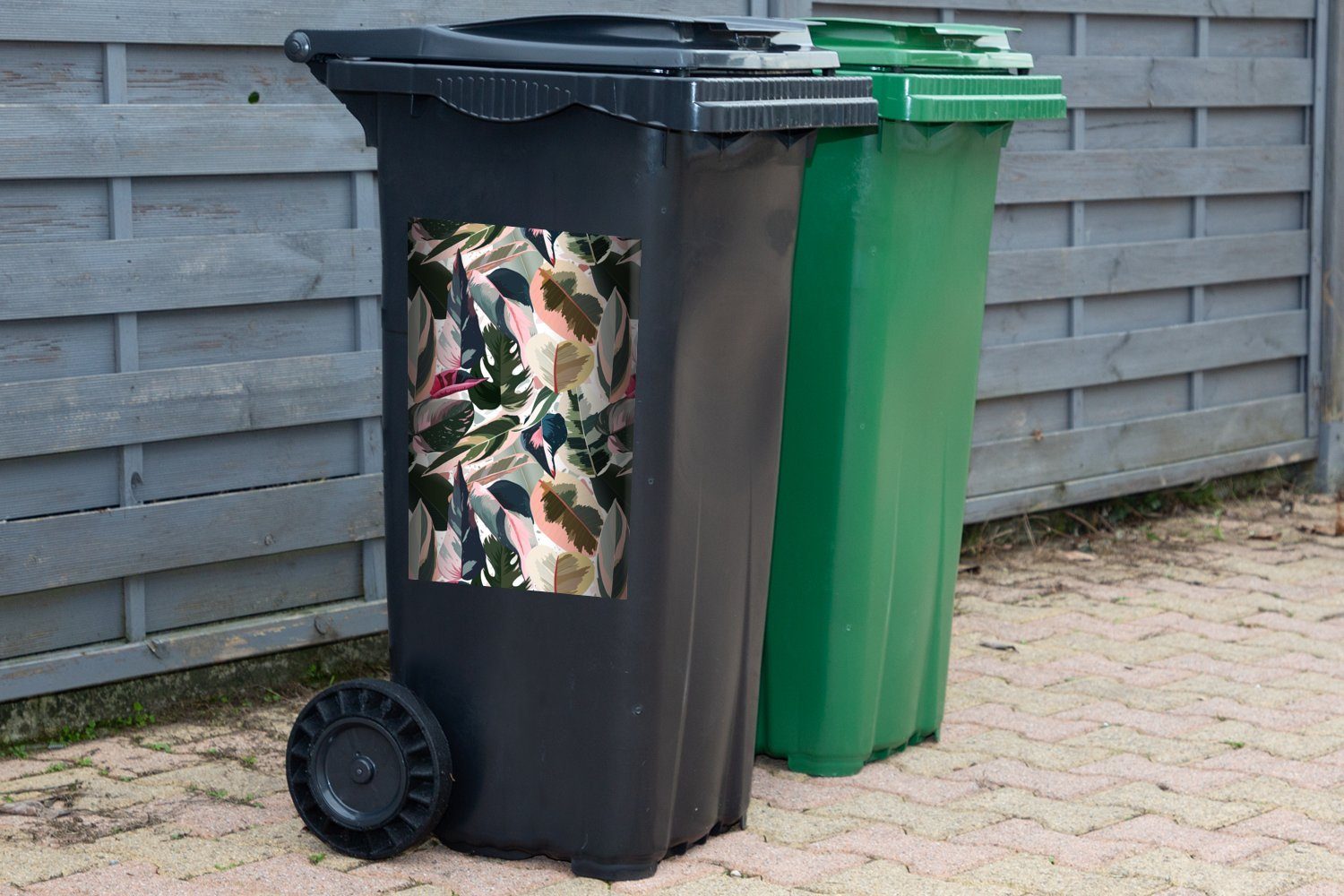 Wandsticker Rosa Container, St), - - Mülltonne, (1 Mülleimer-aufkleber, MuchoWow Abfalbehälter Tropisch Blätter Sticker,