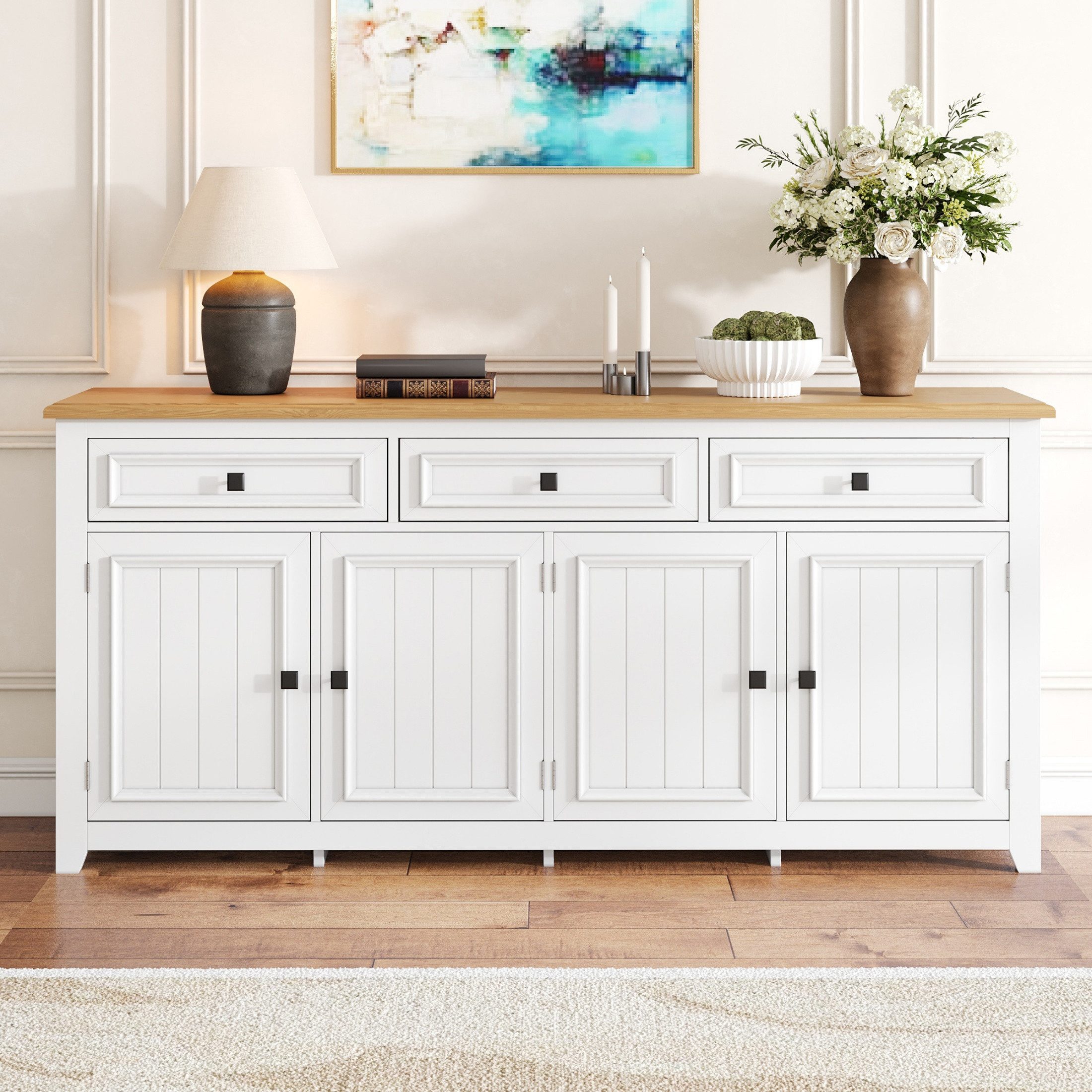 autolock Sideboard Kommode Buffet Küchenschrank mit 3 Schubladen, 4 Türen (160 x 35 x 76 cm), Modern Aufbewahrungsschrank Anrichte Schrank für Wohn- und Esszimmer