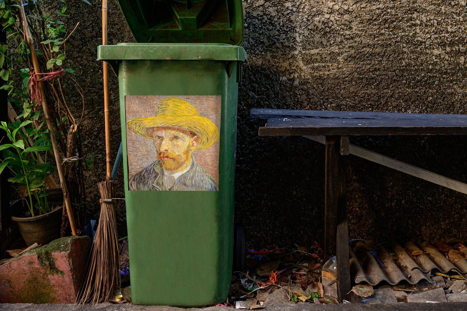 MuchoWow Wandsticker Selbstbildnis mit Strohhut Mülleimer-aufkleber, Gogh Abfalbehälter St), Sticker, - (1 Container, Mülltonne, van Vincent