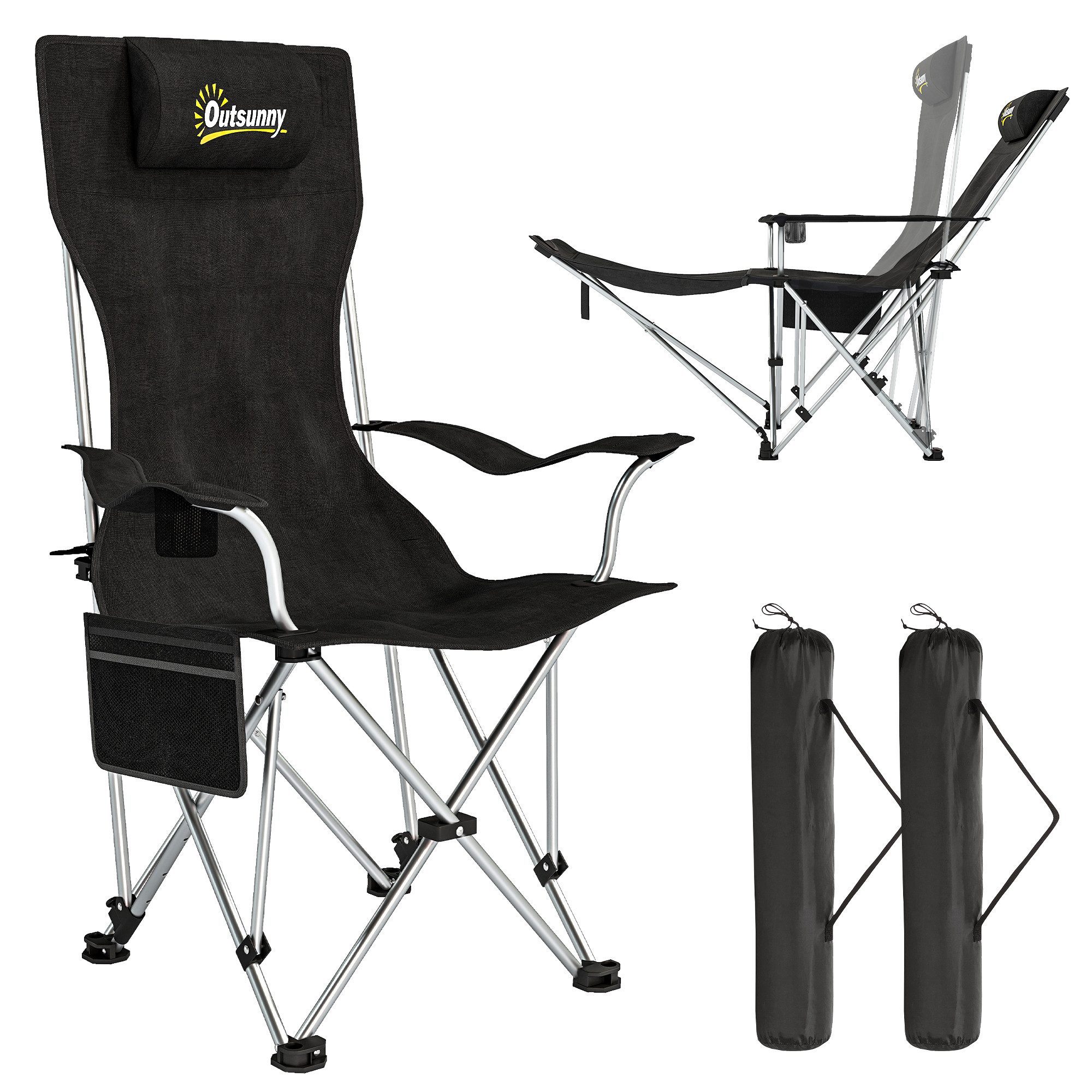 Outsunny Klappstuhl Angelstuhl mit abnehmbare Fußablage, Getränkehalter Liegestuhl (2er Set faltbar Campingstuhl, 2 St), belastbar 120 kg, für Erwachsene