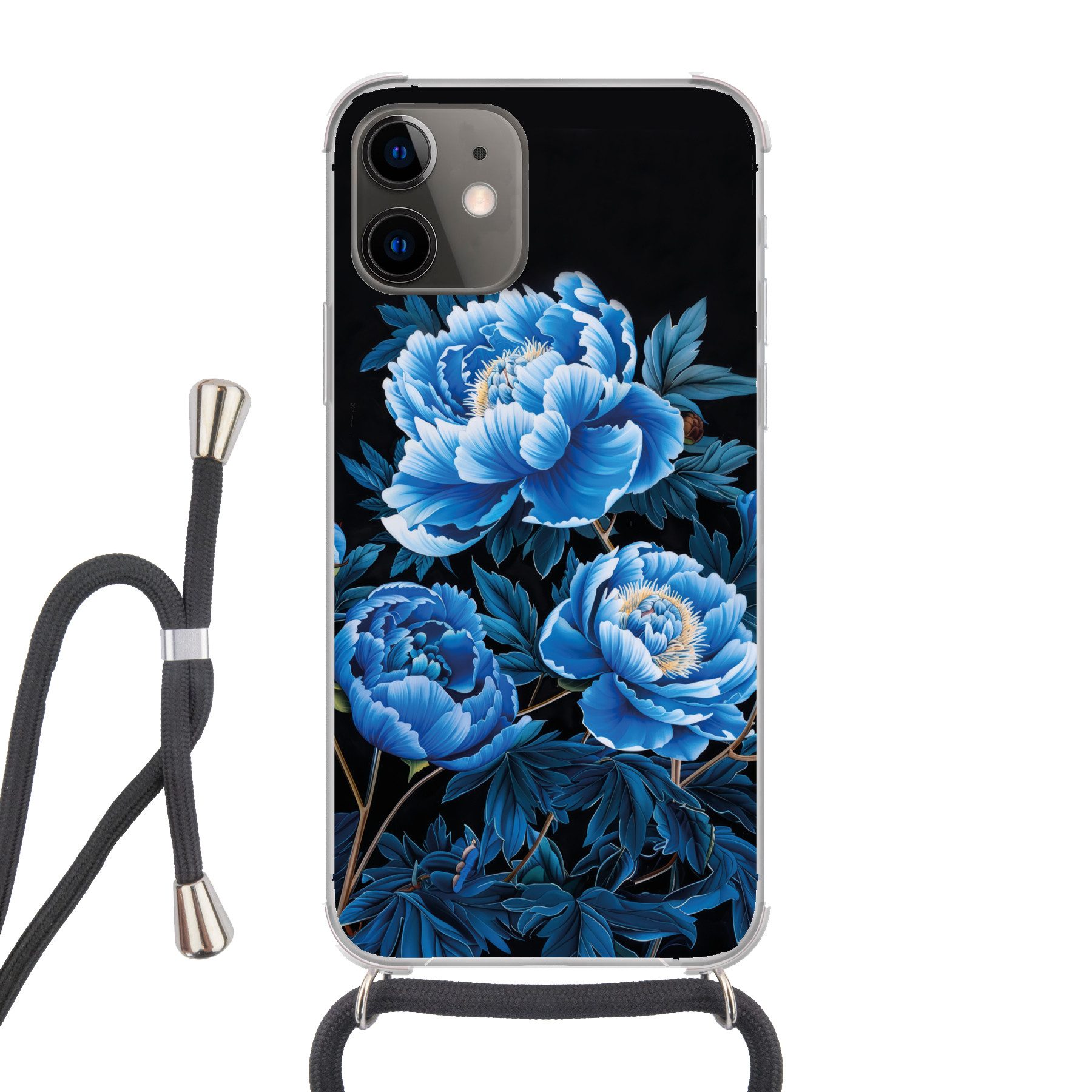 MuchoWow Handyhülle für Apple iPhone 12 Blumen - Schwarz - Blau - Modern, Tragbare Handyhüllen mit Kette zum umhängen, Handykette Handyband