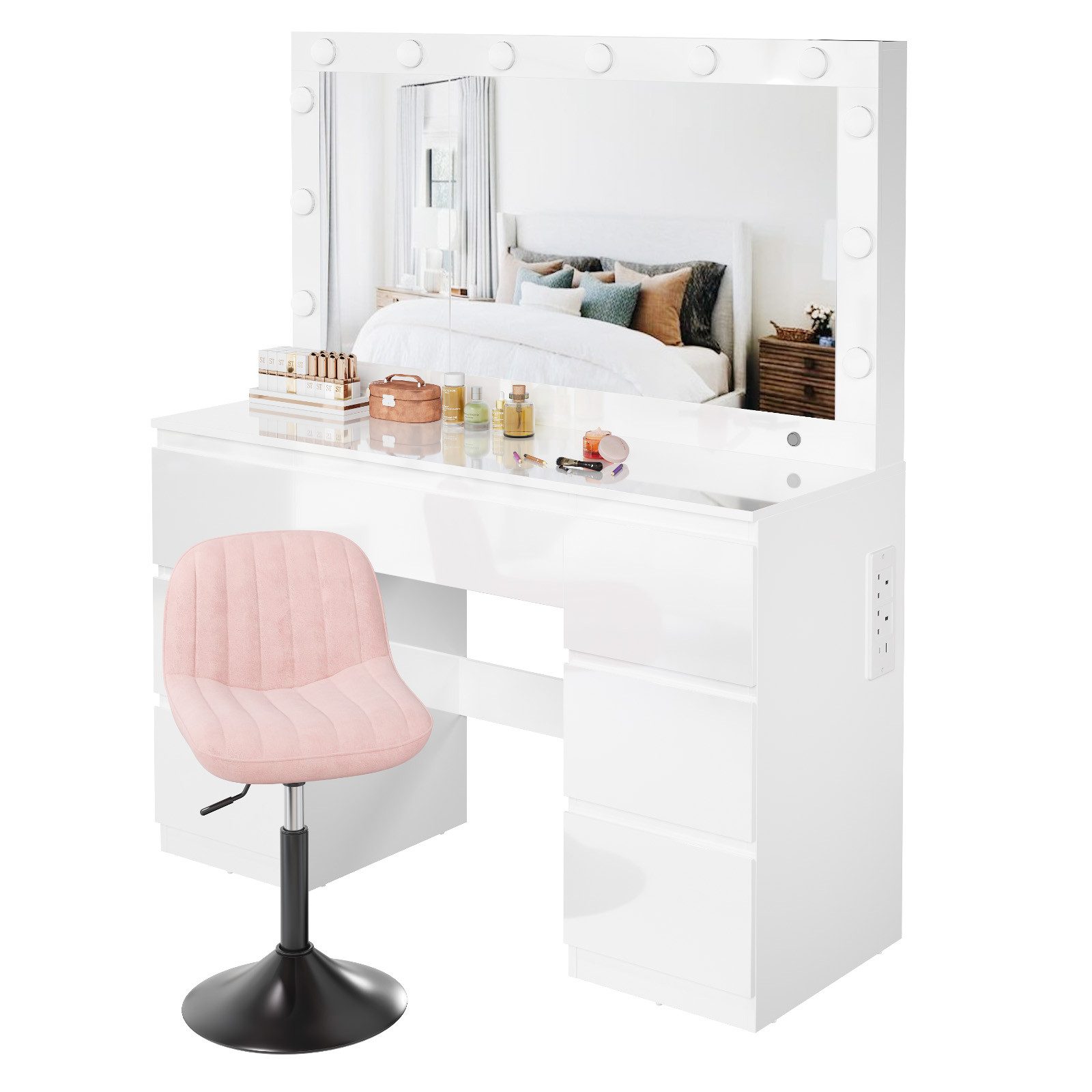 HOMALL Schminktisch Frisiertisch mit Hochglanzoberfläche, LED-Beleuchtung, mit Schmuckfach (Maße: 120 × 40 × 140 cm, mit 7 Schubladen, 2 Steckdosen, 1 USB-Anschluss und 1 Typ-C-Anschluss, dimmbare LED-Beleuchtung, extra großer Spiegel)