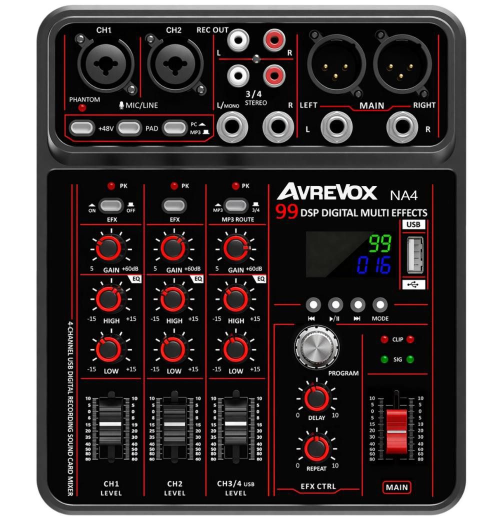 nsihing Mischpult 4-Kanal Mini-Mixer - Live/Studio DJ Mixer, Kompaktes Mischpult, mit Bluetooth und USB-Recording