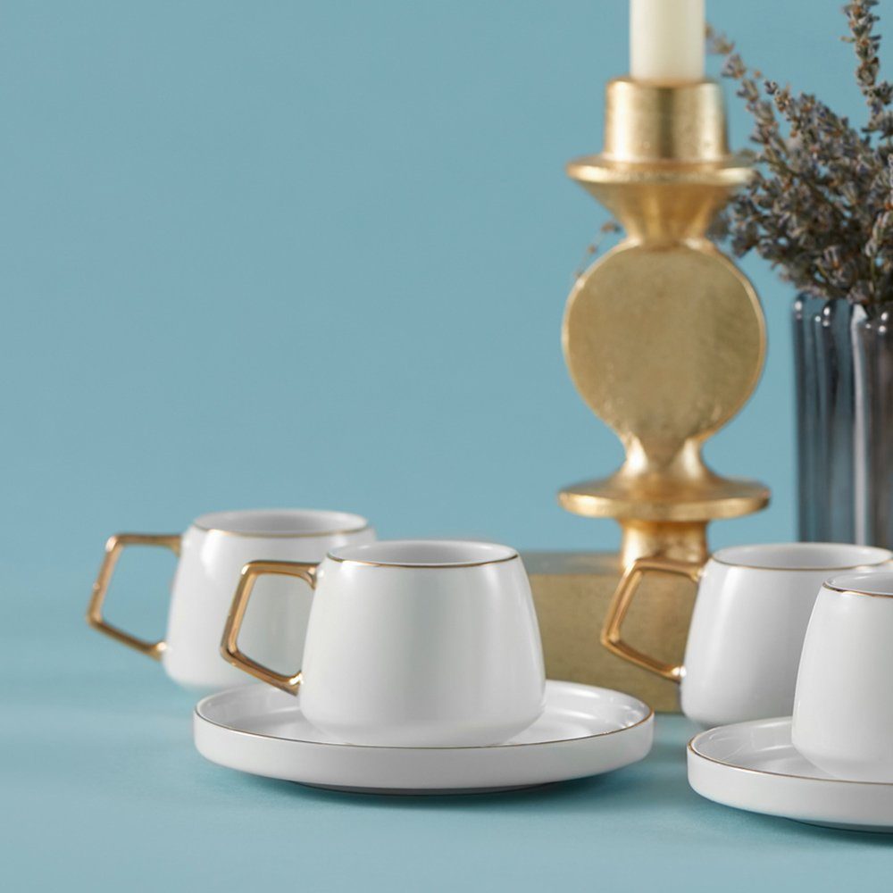 Pasabahce 6 Kaffeetassen-Set 12-teilig Personen Porzellan, Espressotasse Saturn-Gold, für