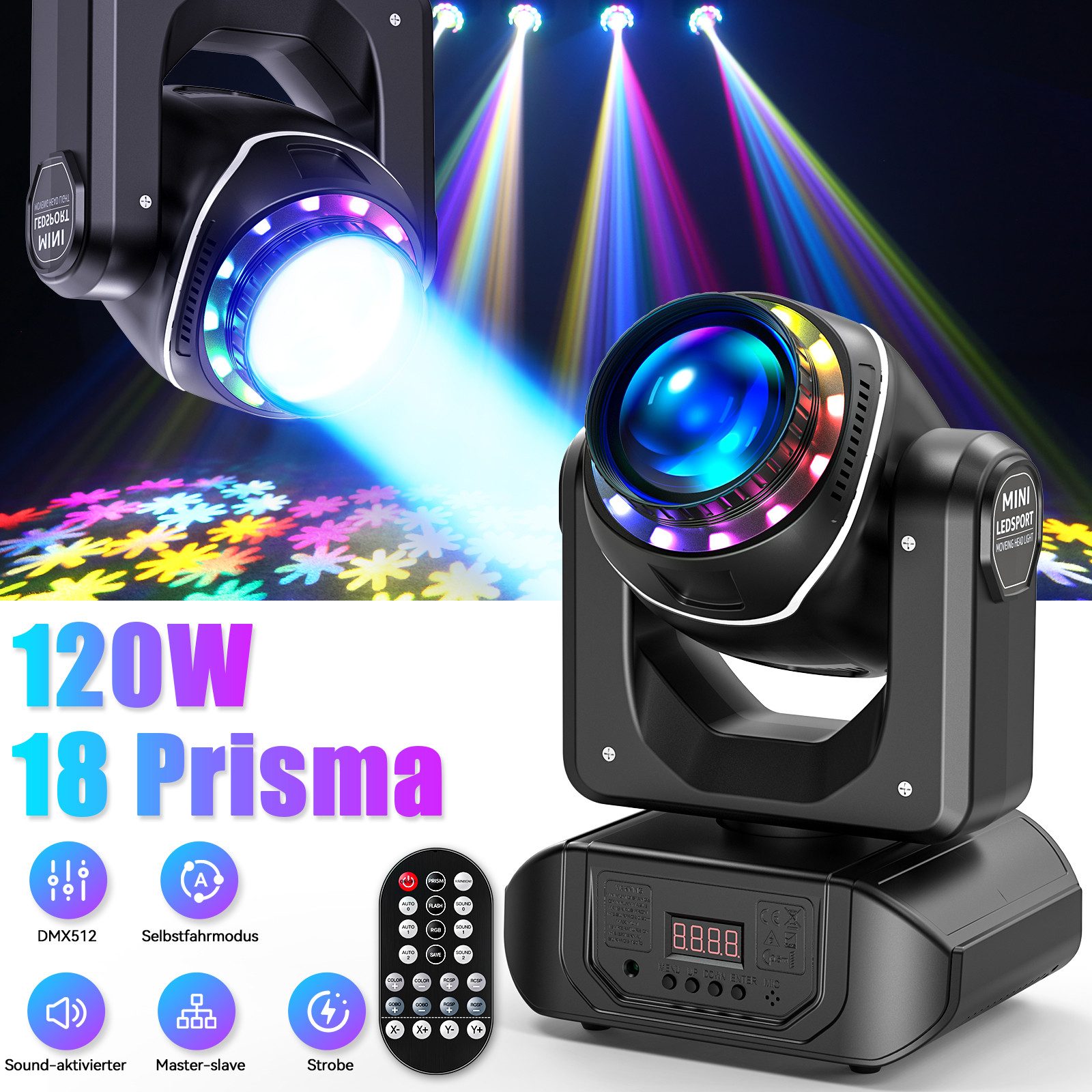 ZonQoonz Discolicht 100W Moving Head licht,10 Muster+8 Farben+18 Prismen Hohe Helligkeit