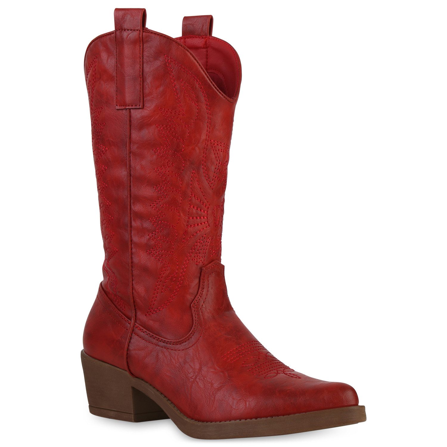 VAN HILL 840208 Cowboystiefel Damen Cowboystiefel Stiefel Stickereien Holzoptikabsatz