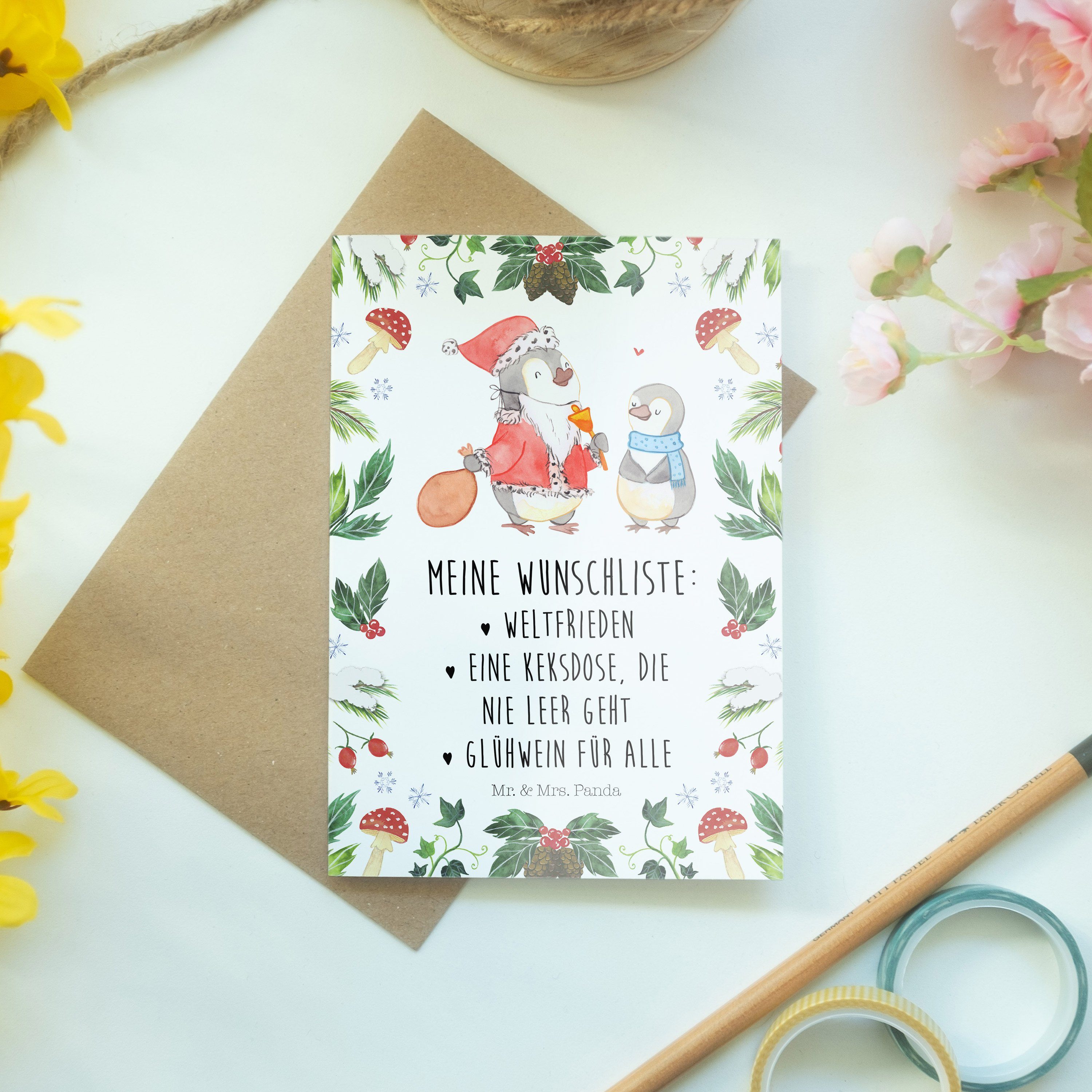 Wunschliste Grußkarte Advent, Geschenk, - Einladungskarte, - Hochz Panda Pinguin Mrs. Weiß & Mr.