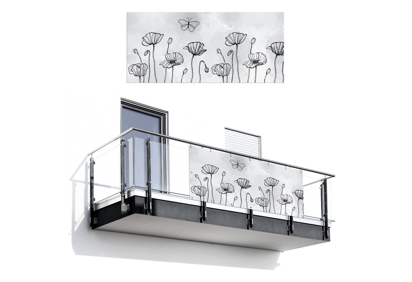 MuchoWow Balkonsichtschutz Blumen - Grau - Mohnblumen - Schmetterlinge (1-St) Balkon Sichtschutz 90x200, Windschutz für Zaun PVC, 200x90 cm