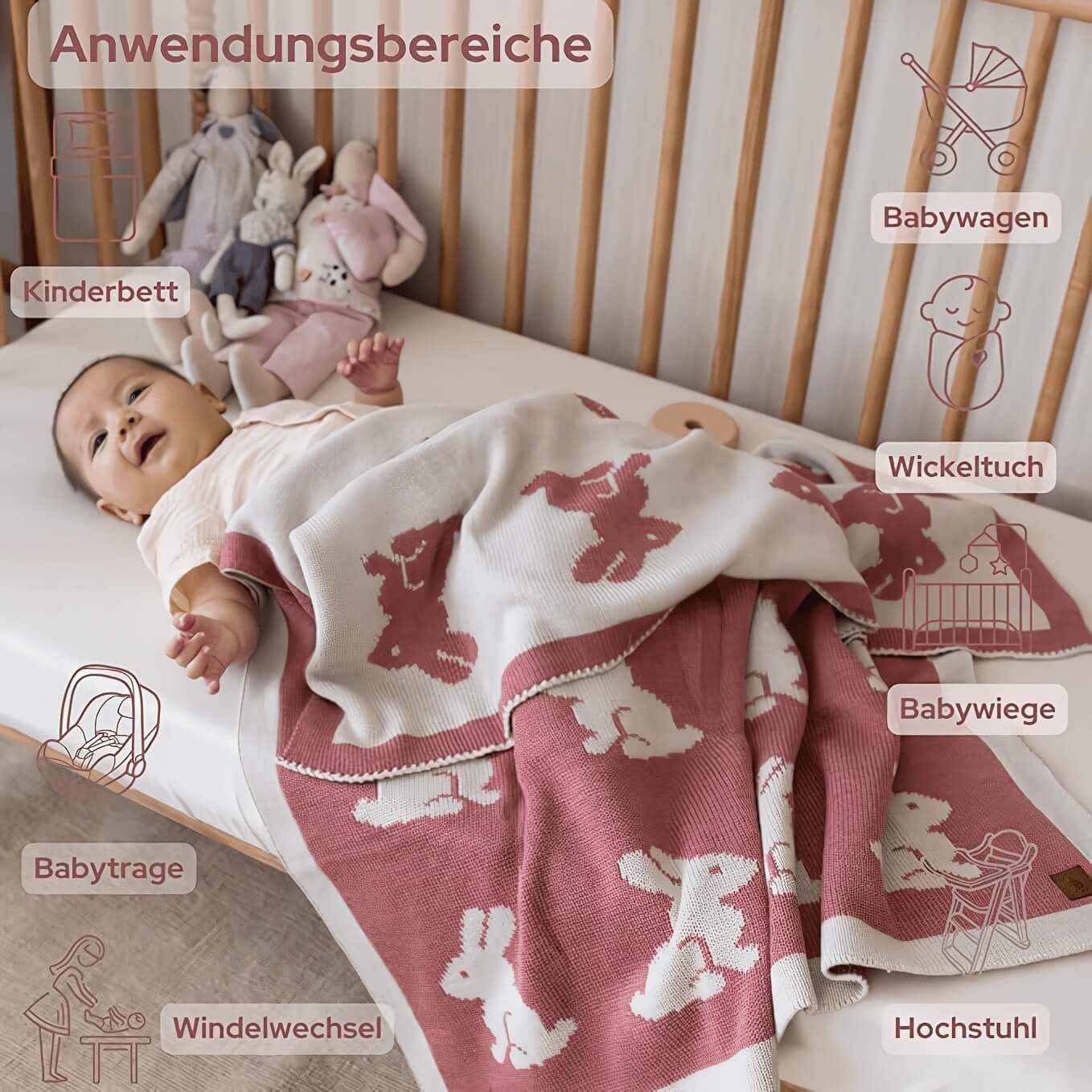 Babydecke Baby Strickdecke, Babydecke, Weich & Atmungsaktiv, 80x100cm Rosa Hasen, Little Dedi