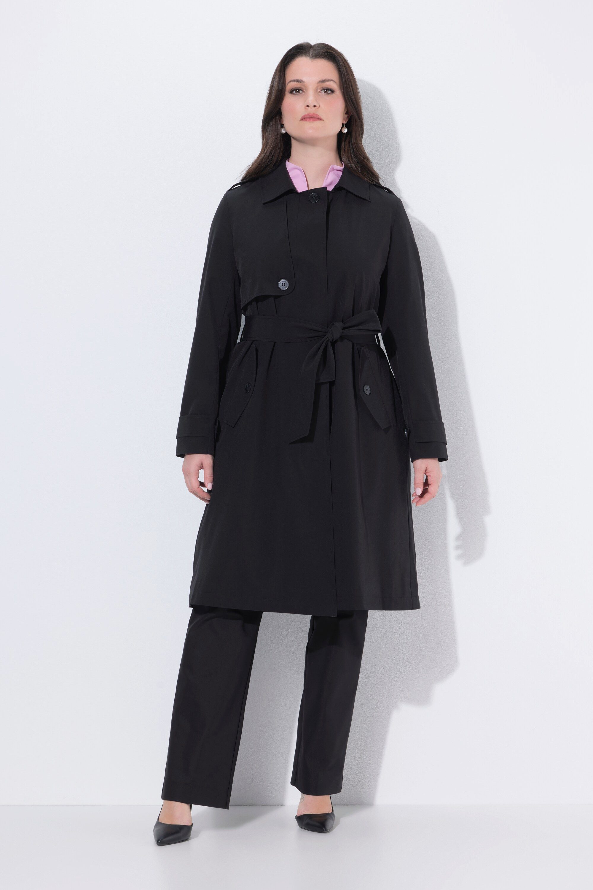Ulla Popken Outdoorjacke Trenchcoat A-Linie Hemdkragen Gürtel Satinfutter