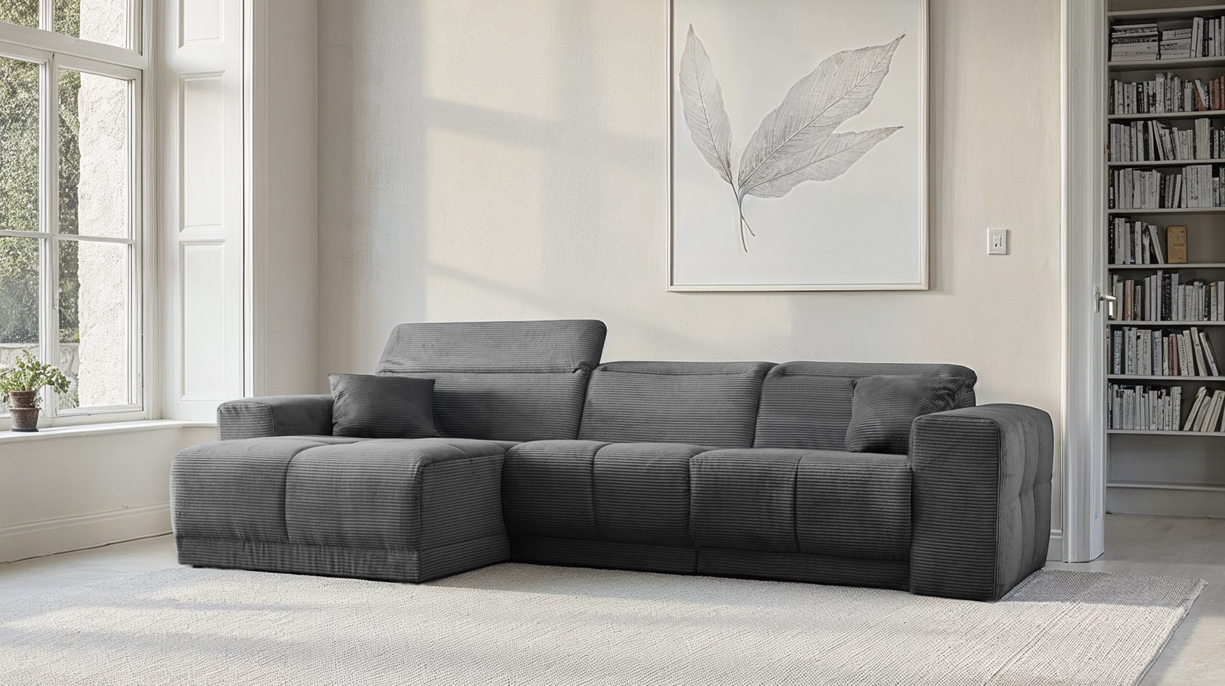 Massivart® Ecksofa mit Relaxfunktion / grau / Cord / 302 cm / Kopfteilverstellung / TONI, Nosagunterfederung · frei im Raum stellbar · inkl. 2 Zierkissen