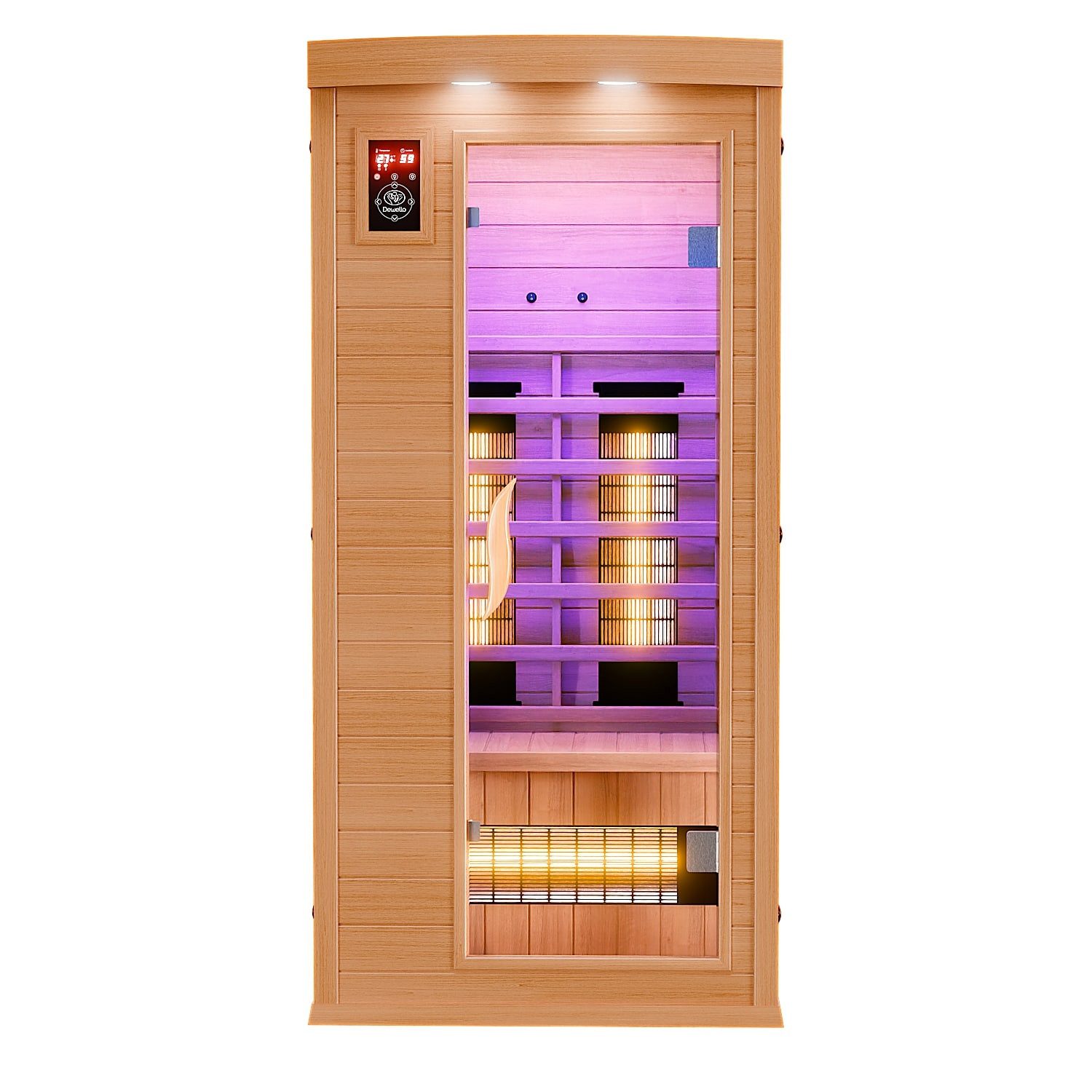 Dewello Infrarotkabine PIERSON 90 Wärmekabine, bis zu 1 Personen, 3 Vollspektrumstrahler, BxTxH: 90 x 90 x 190 cm, (Farblichttherapie, Ionisator mit Ozondesinfektion und Aromatherapie, Multimedia und zusätzlich USB-Anschluss & Bluetooth möglich) Sauna aus Hemlock-Tannenholz, leichter Aufbau dank Stecksystem