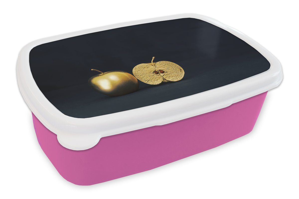 MuchoWow Lunchbox Kinder, Kunststoff Kunststoff, rosa Brotdose schwarzem Apfel für auf goldenen Hintergrund, (2-tlg), Snackbox, einem Stilleben Mädchen, Brotbox mit Erwachsene