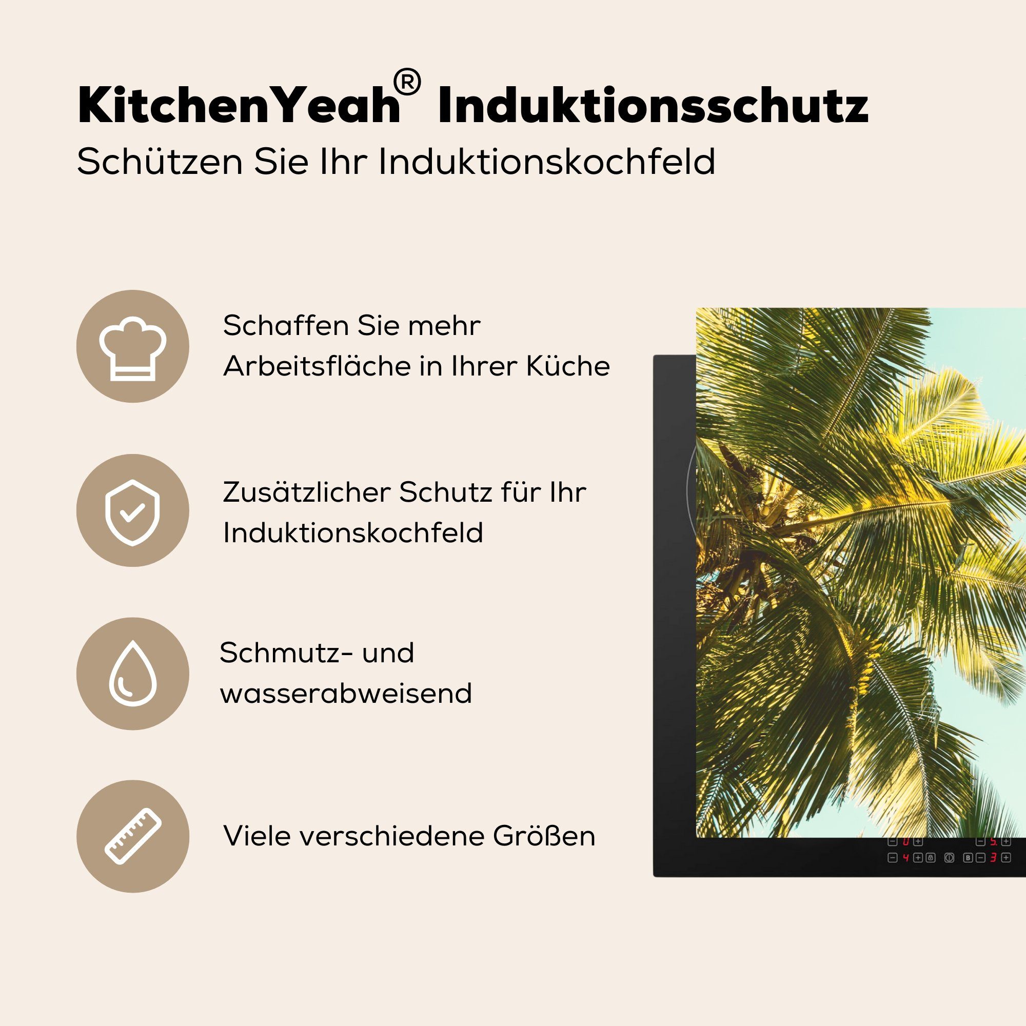 Herdblende-/Abdeckplatte Schutz für - küche, 81x52 (1 Sommer, tlg), cm, MuchoWow Ceranfeldabdeckung die Palme - Vinyl, Sonne Induktionskochfeld
