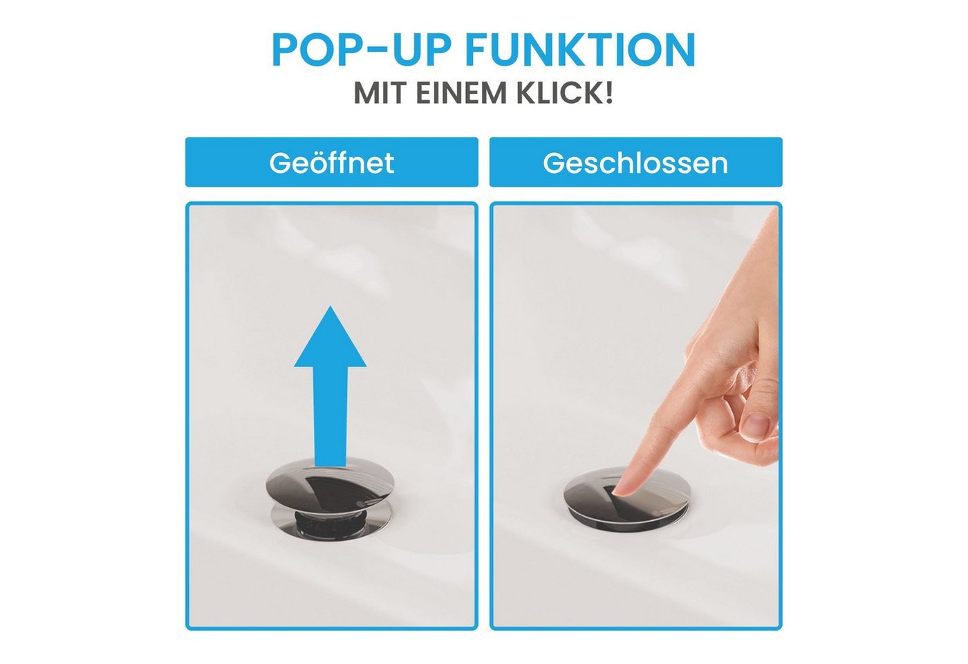 Thumbnail - Bächlein Ablaufgarnitur Waschbeckenabfluss Pop Up (Waschbeckenstöpsel mit Überlauf) Werkzeugloser Einbau - Click Clack F...