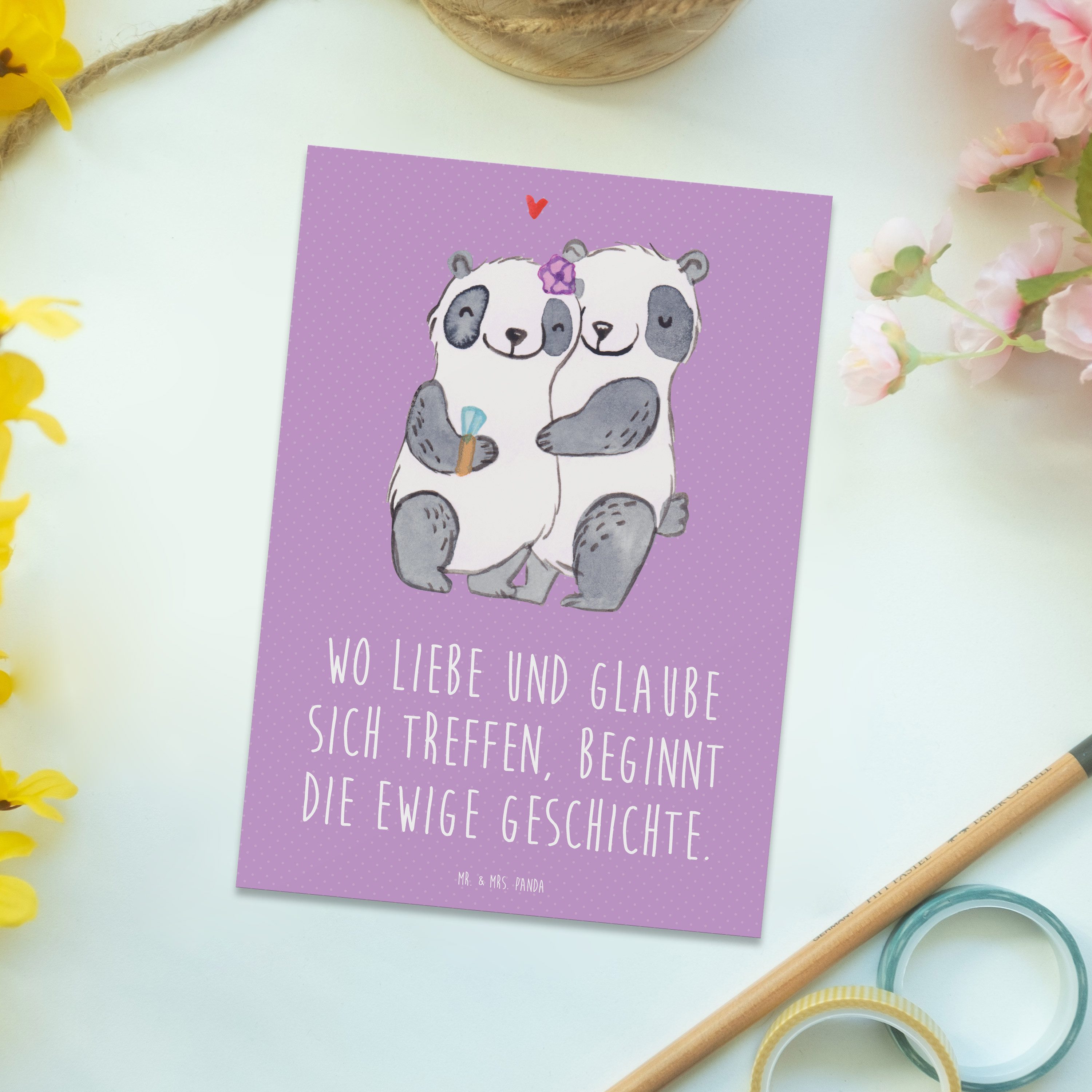 Thumbnail - Mr. & Mrs. Panda Postkarte Kirchliche Trauung Liebe Glaube - Lavendeltraum - Geschenk, Gottes Se
