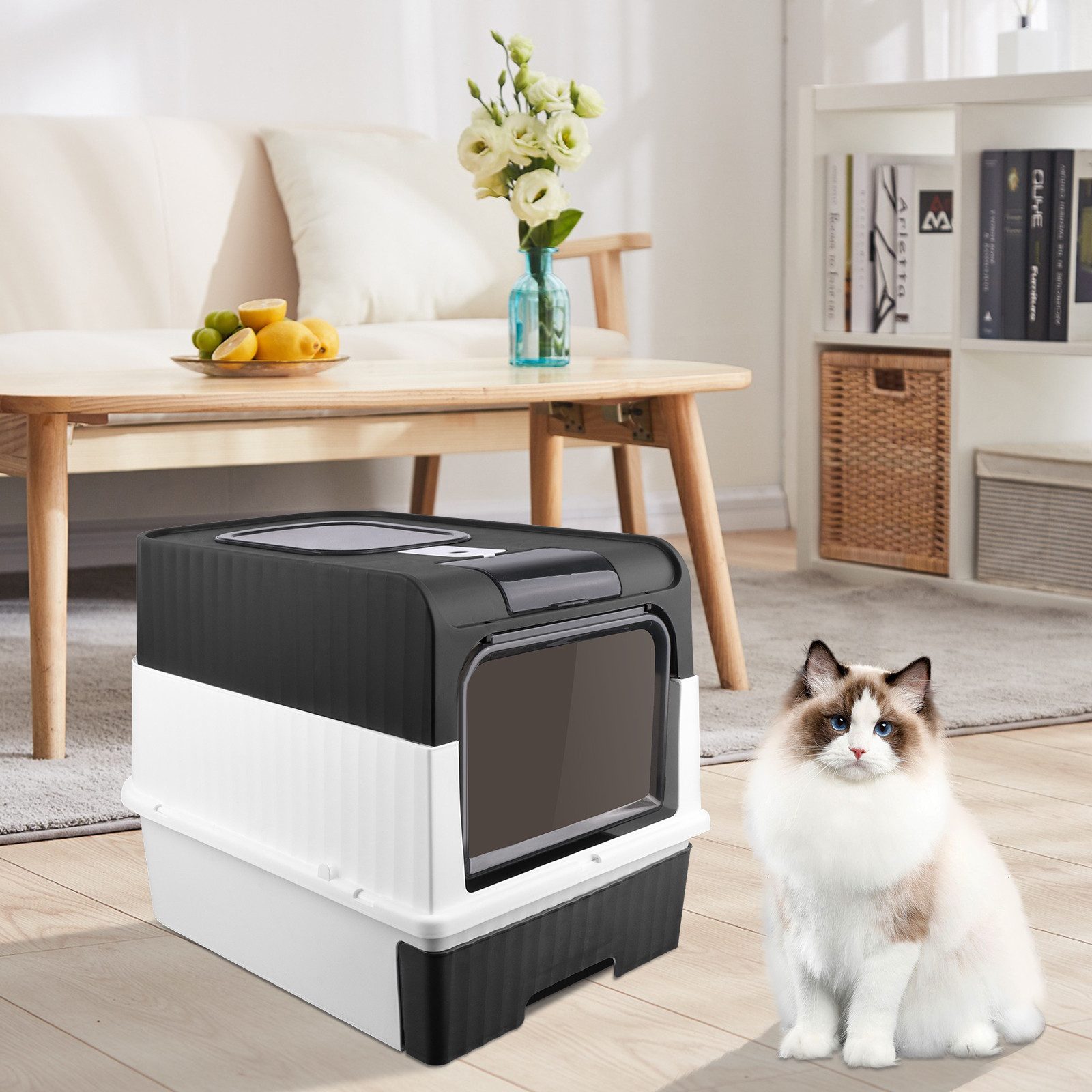 JEOBEST Katzentoilette Katzenklo Faltbare, Katzentoilette, mit Deckel, ausziehbares Tablett, Auslaufsicher, geruchsresistent, Spritzwassergesc (mit Schaufel)