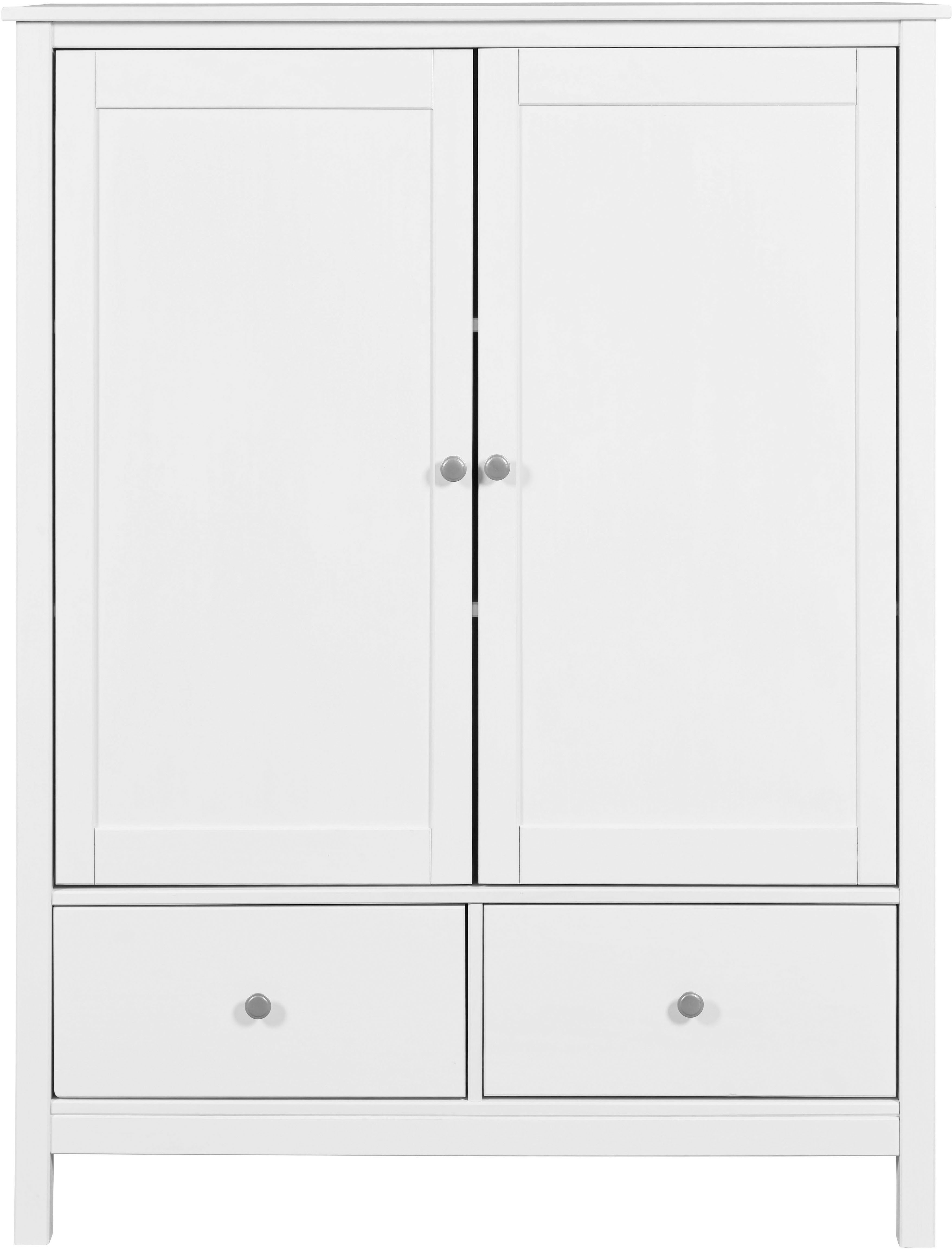 Inter Link Wäscheschrank Pinora, 2 Türen, Kiefer Massivholz Weiss, Silberne Metallgriffe (1-St) Inkl. Einlegeböden & 2 Schubladen, Skandi Look, 107 x 45 x 140 cm
