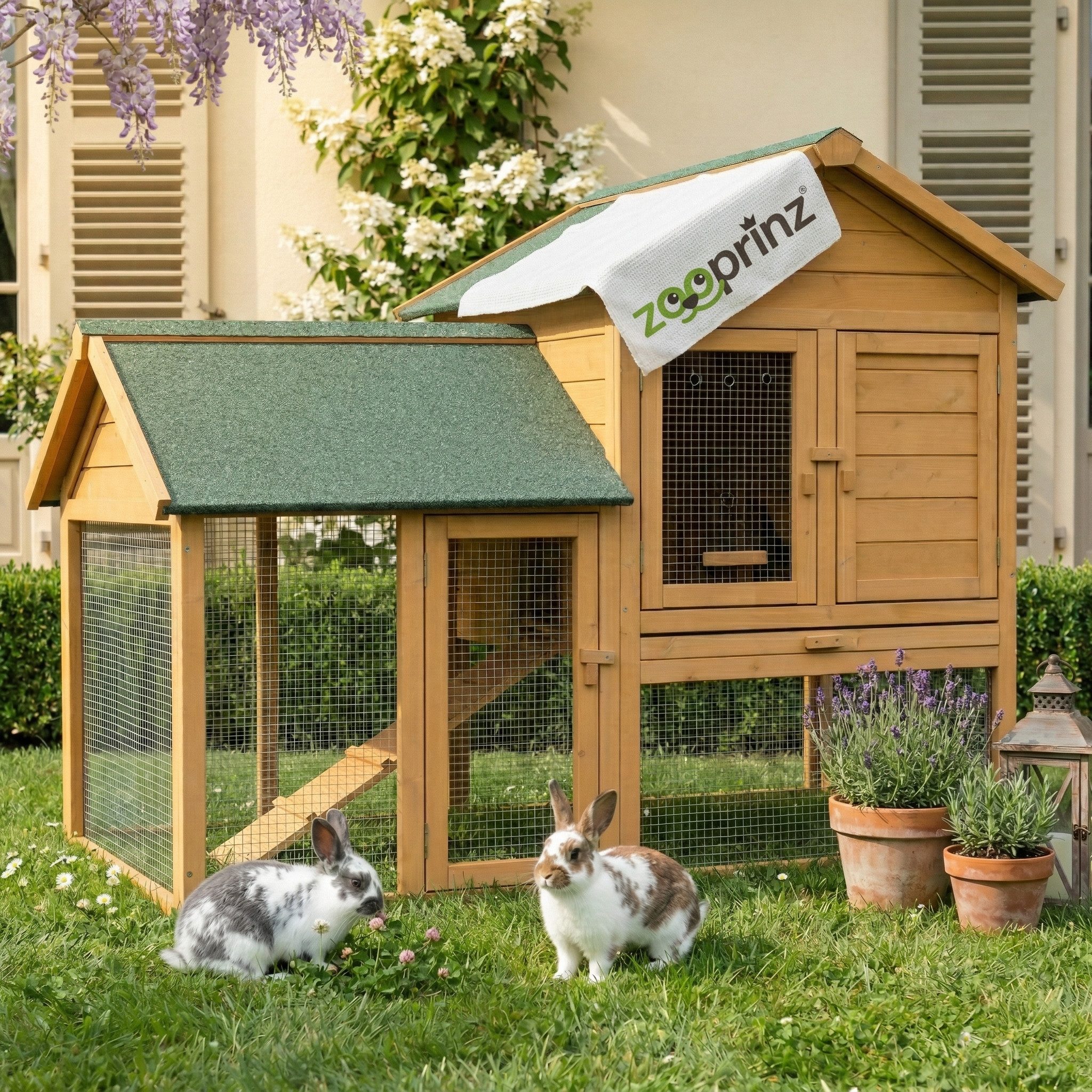 Zooprinz Kleintierstall Hasenfarm mit Auslauf 150x118x96 cm (BxHxT), Massives Kiefernholz, Bitumen Klappdach