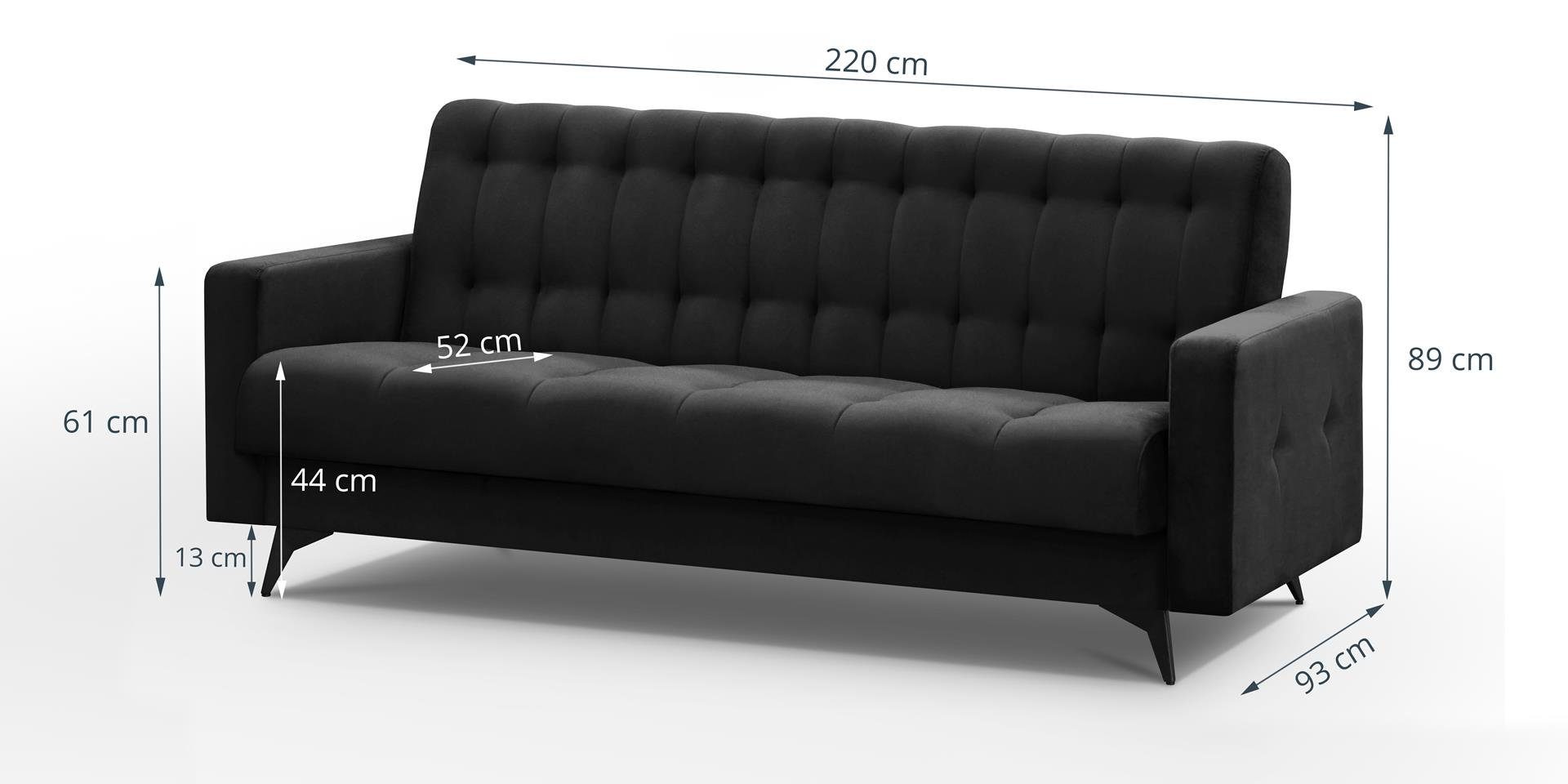 Sofa Polstersofa Couch GRETA Wohnzimmer, für Beautysofa Velour, Schwarz Schlafsofa BIS, Schlaffunktion, Bettkasten,