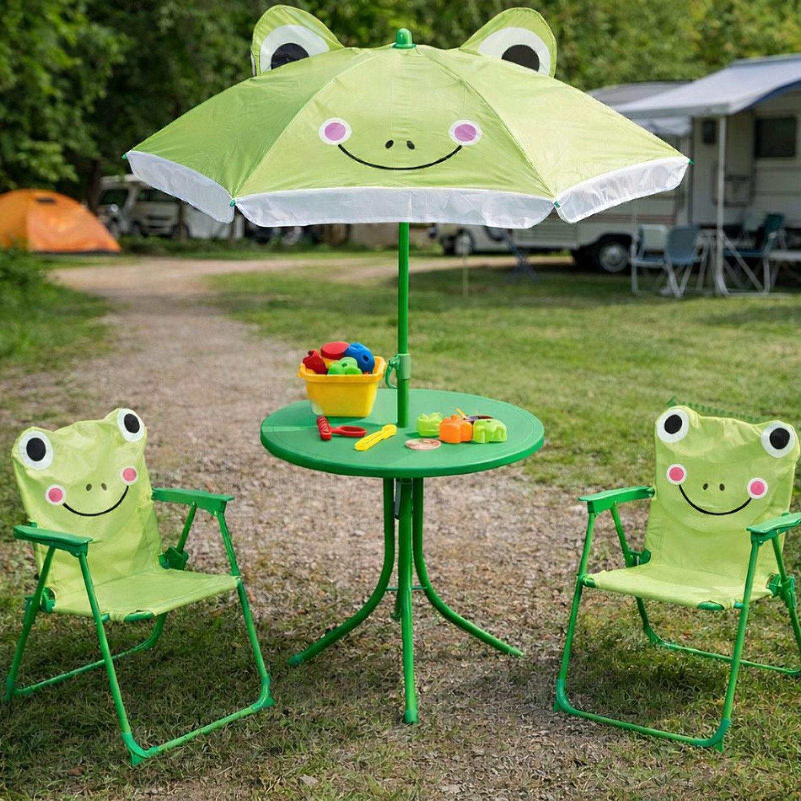 Koopman Garten-Kindersitzgruppe Sitzgruppe Strandstuhl Strandschirm Tisch Kindermöbel 4tlg, (Set, 4-tlg., Packung), Frosch-Design, Faltstuhl, Grün, Schattenspender, Outdoor