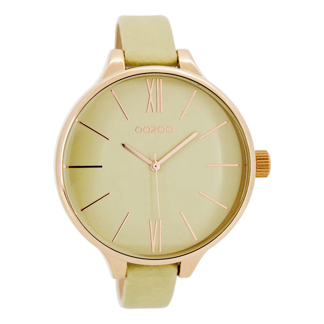 OOZOO Quarzuhr XXL Damenuhr C9541 – 45mm Analoguhr mit rosefarbenem Gehäuse und, sandfarbenem Lederarmband für elegante Alltagslooks