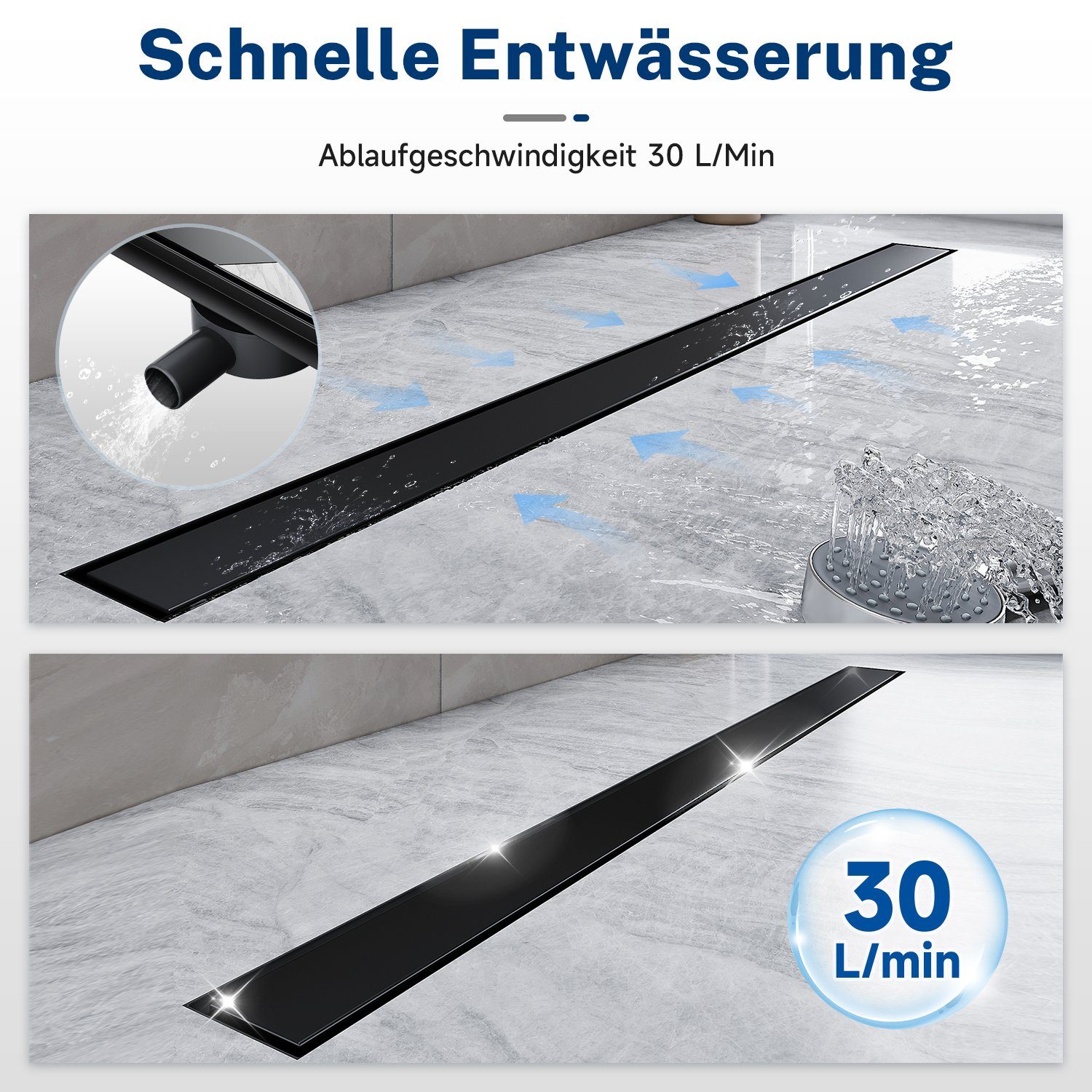 SONNI Duschrinne Edelstahl Bodenablauf Schwarz 50-110 cm 360° verstellbarer Duschrinne, mit Geruchsstop und Haarsieb Randablauf,mit Bodenbefestigung
