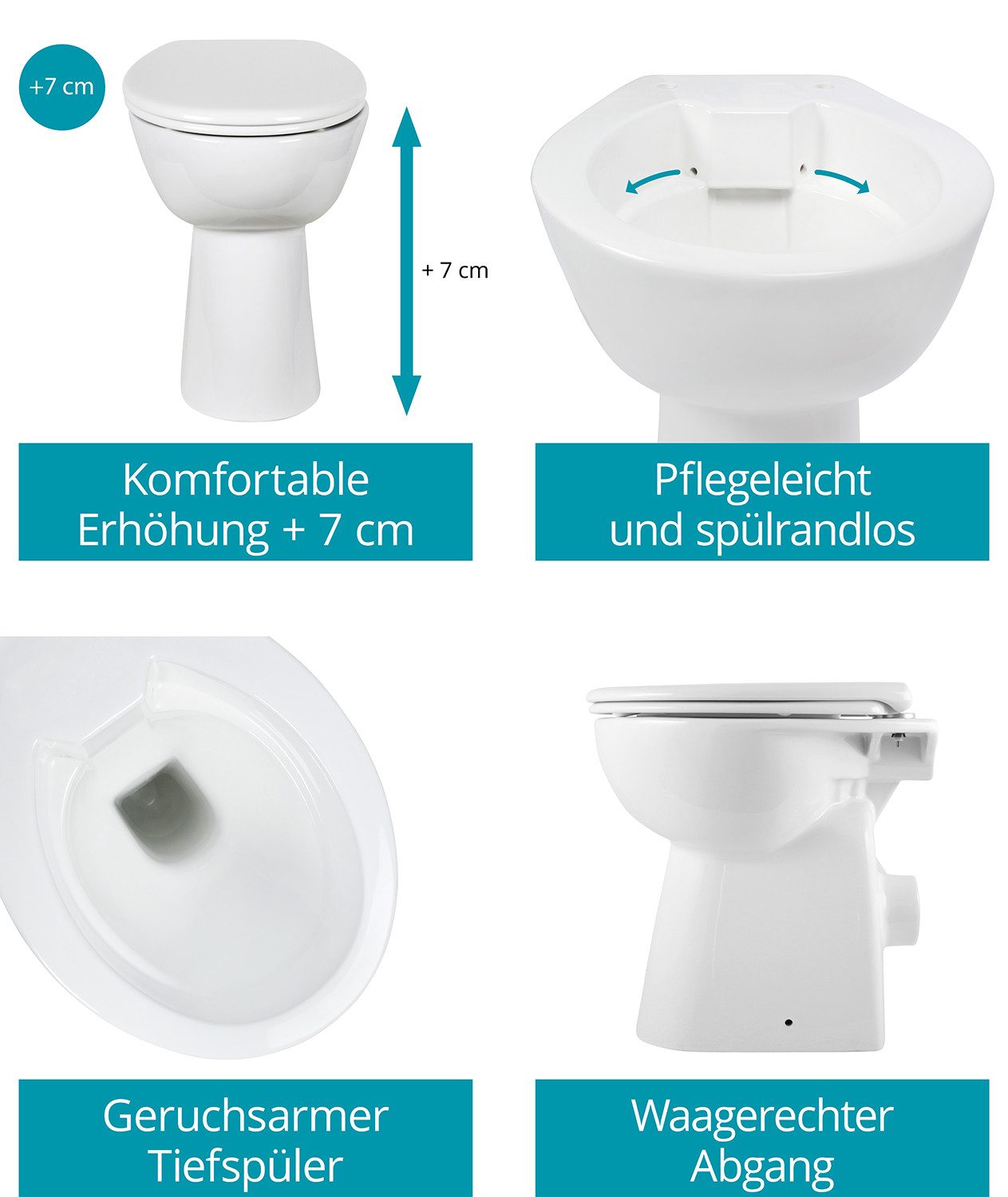 Calmwaters Tiefspül-WC Stand-WC spülrandlos mit Erhöhung, bodenstehend, Abgang Waagerecht, Set mit WC-Sitz und Spülkasten, Weiß, +7 cm erhöht, Absenkautomatik, Abnehmbar, 99000187