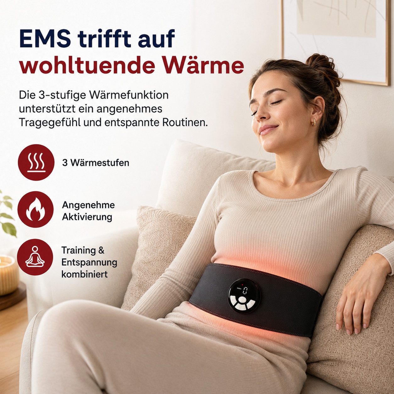 Tekoo EMS-Bauchmuskeltrainer mit Wärmefunktion, EMS Fitnessgürtel mit Heizung, Akku Bauchtrainer, (Bauchtrainer-Set, 3-teiliges Set), EMS mit 3-Stufen Wärmefunktion, Nutzung ohne Gel-Pads möglich