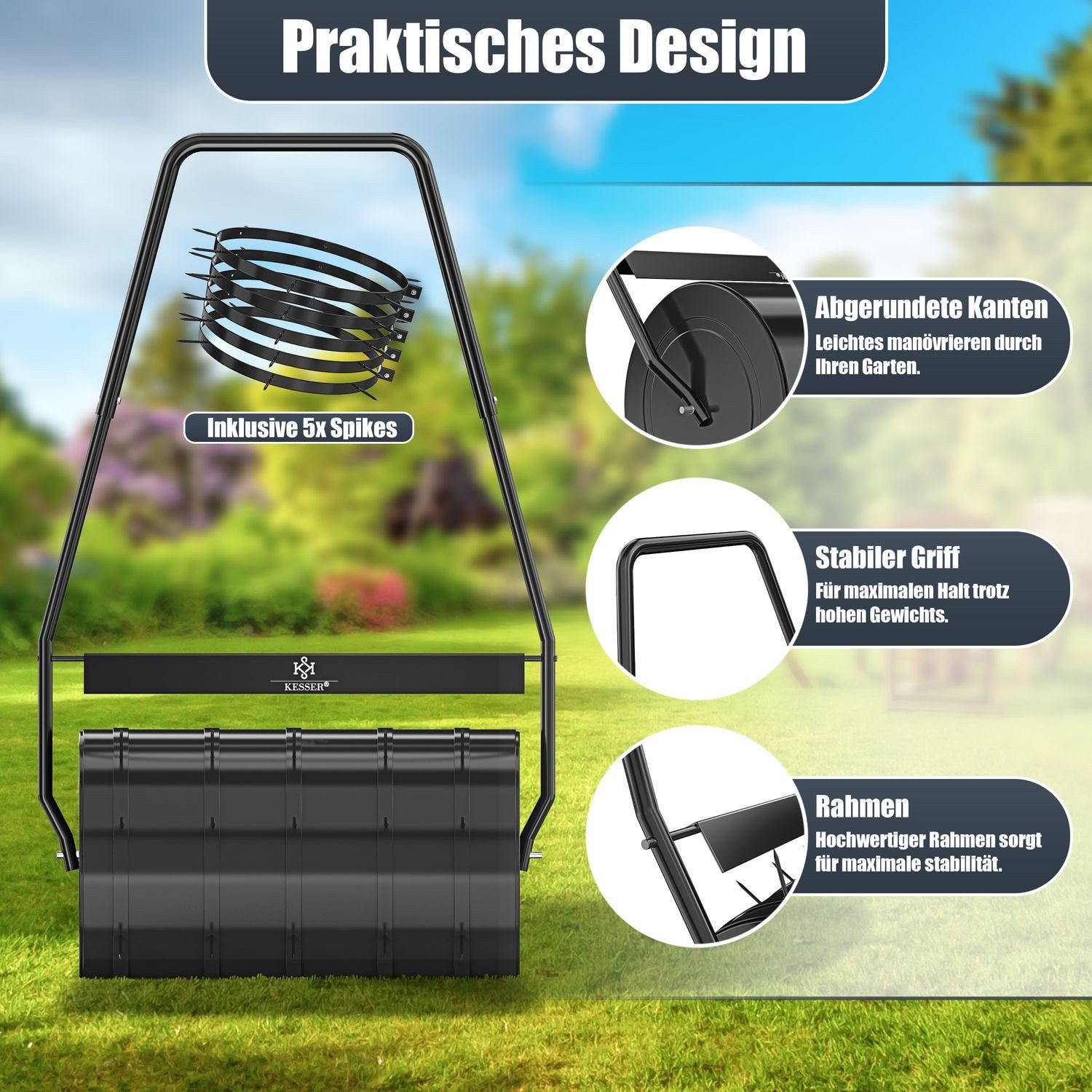 KESSER Rasenwalze Metall befüllbar mit Wasser oder Sand, Rasenroller inklusive 5X Spikes & Handschuhe,Gartenwalze mit 48 Liter Füllvolumen / 60 cm breit Handwalze