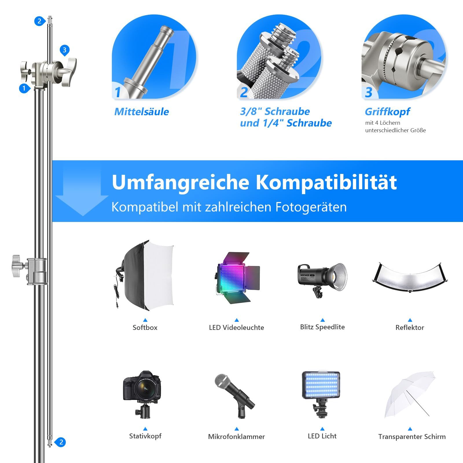 Neewer SC320 Pro Hochleistungs C Ständer aus 100% Edelstahl, mit Auslegerarm Lampenstativ (Höhenverstellbar 146-320 cm, Lichtstativ für Studio Softbox Reflektor)