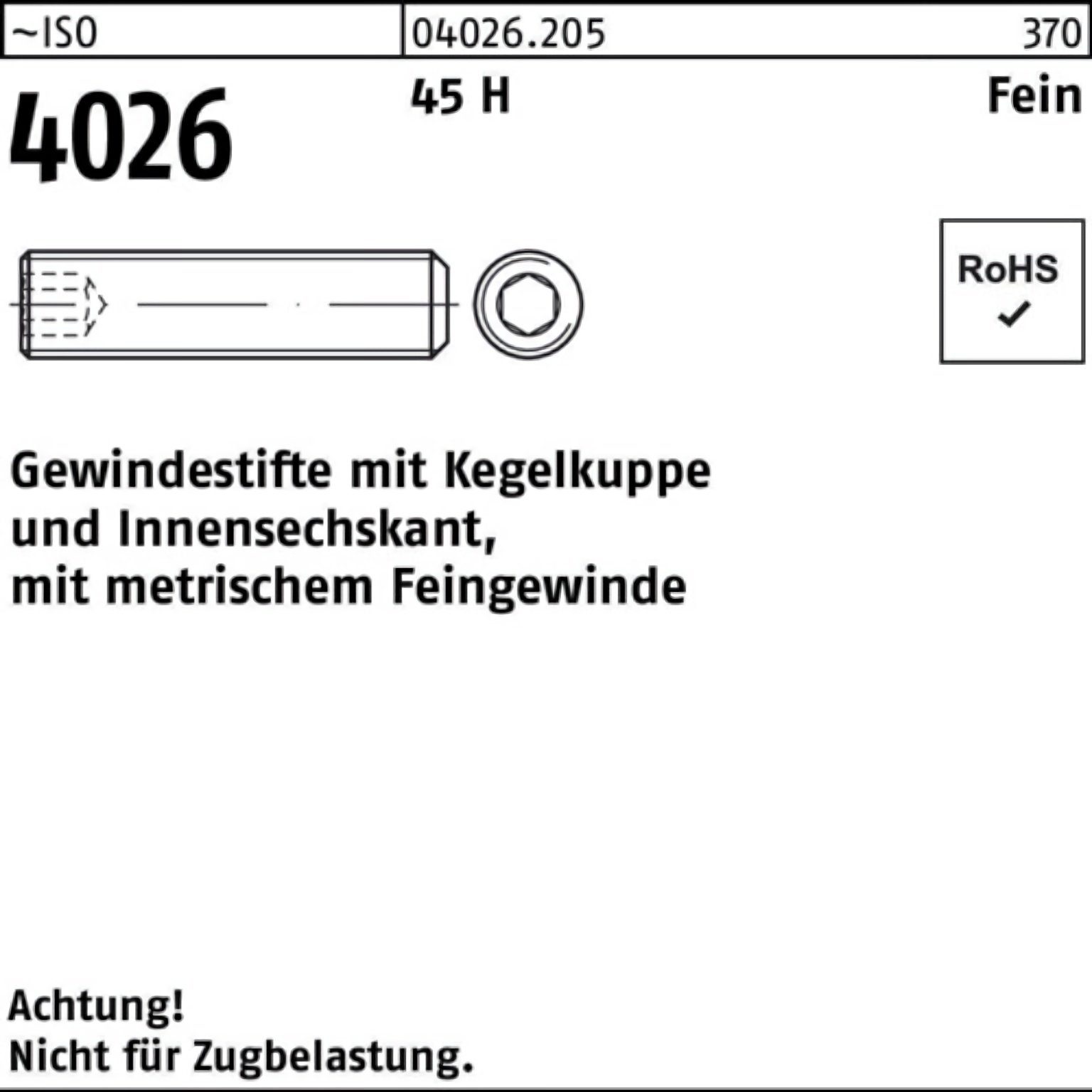 Reyher Gewindebolzen 100er Pack Gewindestift ISO 4026 Kegelkuppe/Innen-6kt M10x 1x 50 45 H