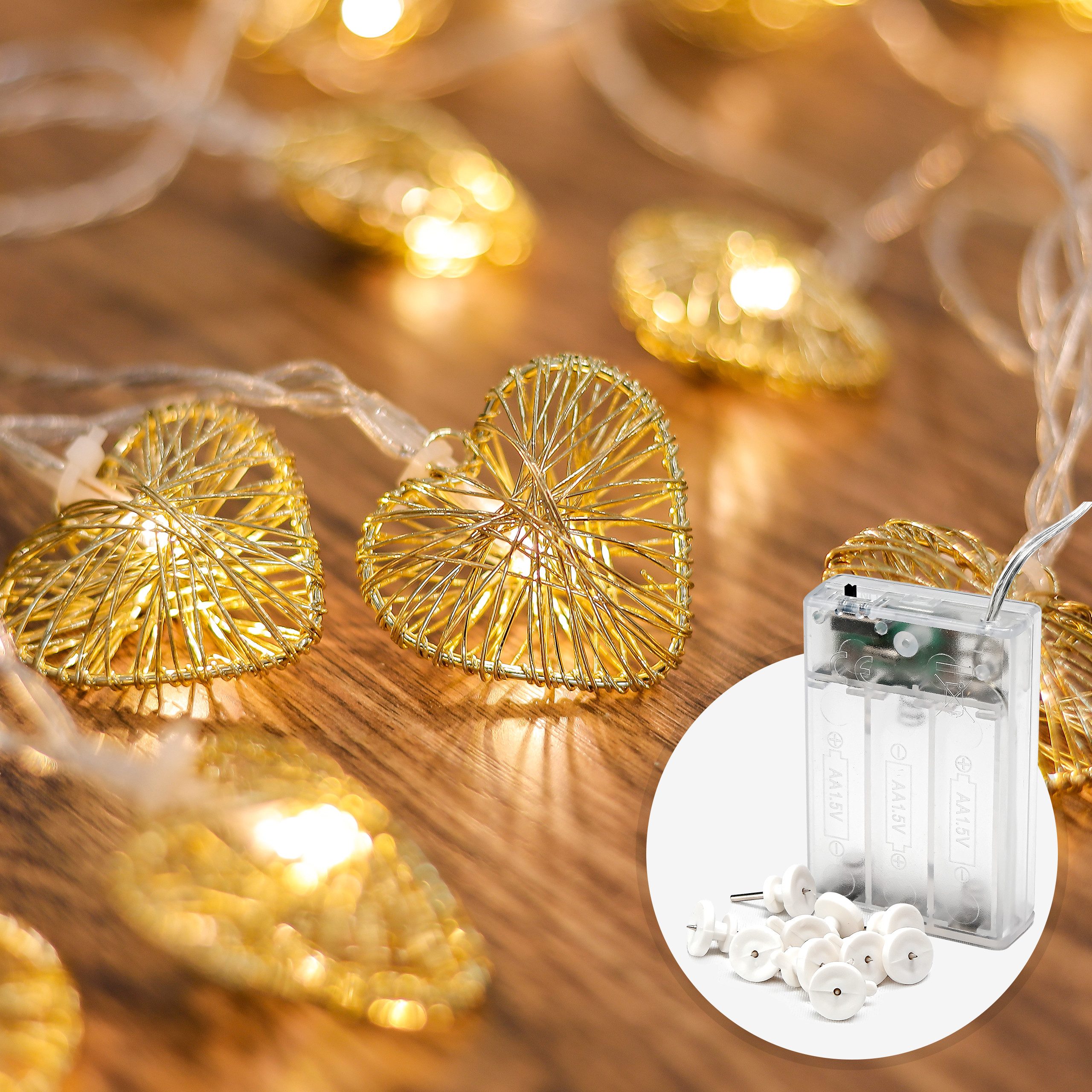 COZY HOME LED-Lichterkette Herz Lichterkette Batterie und Stecker -, 20 LEDs I 5 Meter I Timer-Funktion I Warmweiß I Lichterkette Innen
