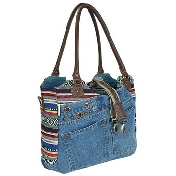 Sunsa Handtasche Schultertasche aus recycelter Jeans Shopper Umhängetasche, echt Leder, Upcycling Jeans, abnehmbare Henkel