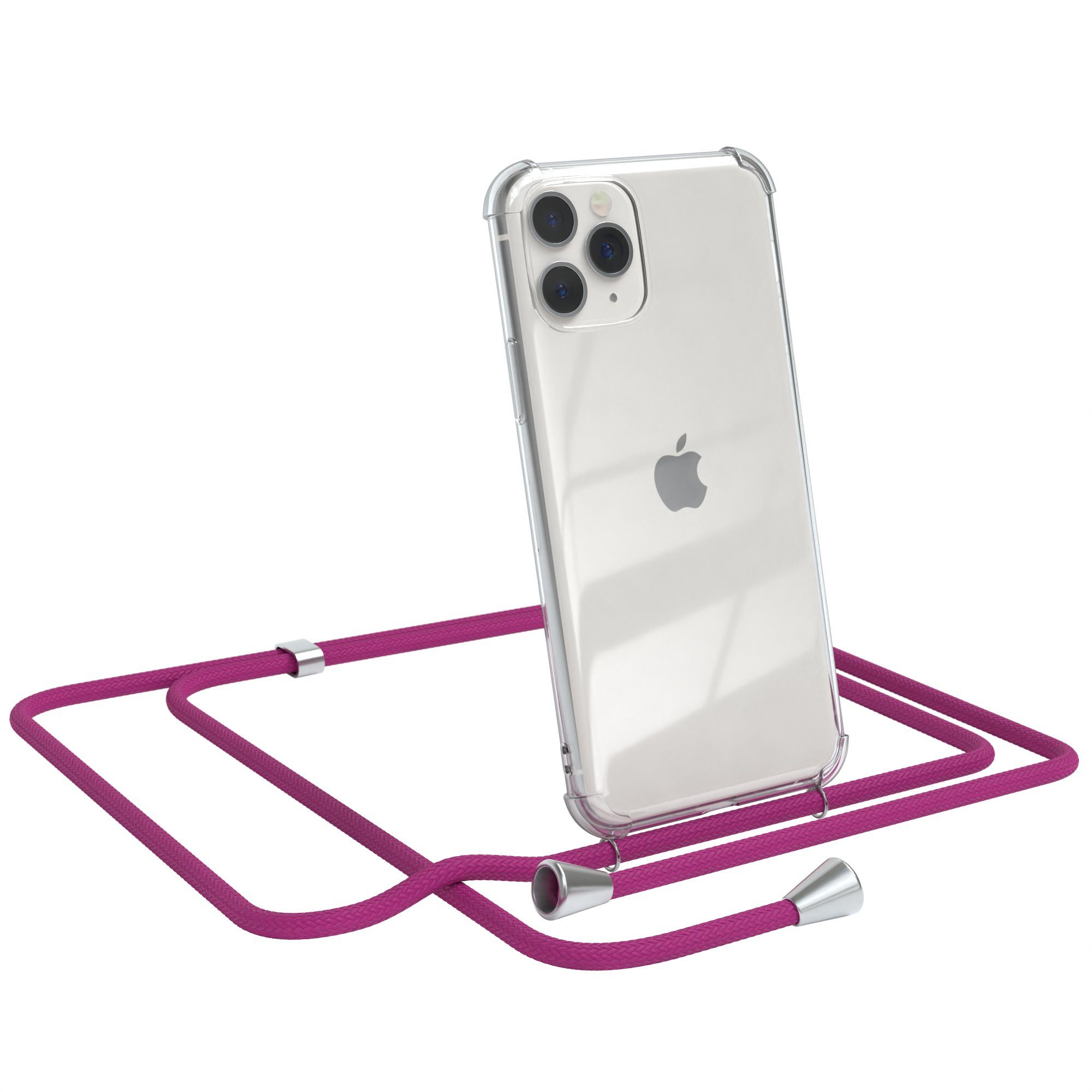 EAZY CASE Handykette Hülle mit Kette für Apple iPhone 11 Pro 5,8 Zoll, Handykordel Slimcover mit Umhängeband zum Umhängen Pink / Clip Silber