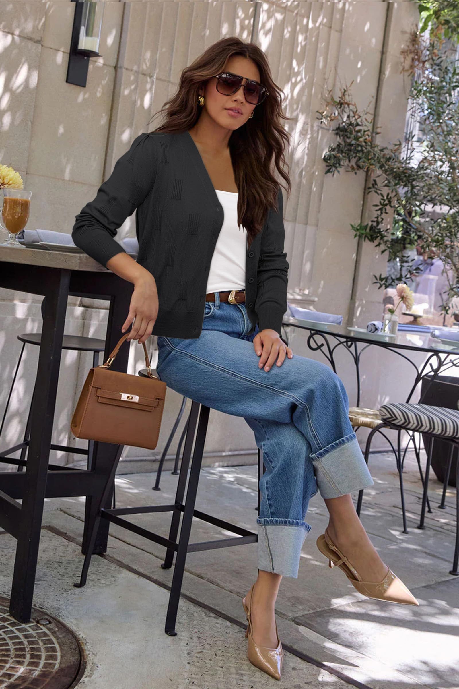 Arach&Cloz Langarmshirt Damen V-Shirt Weicher Kurzer Cardigan Pullover Tops Freizeit Leichter Shrug Layershirt Volltonfarbe Plisseeshirt – Bild 4 von 5