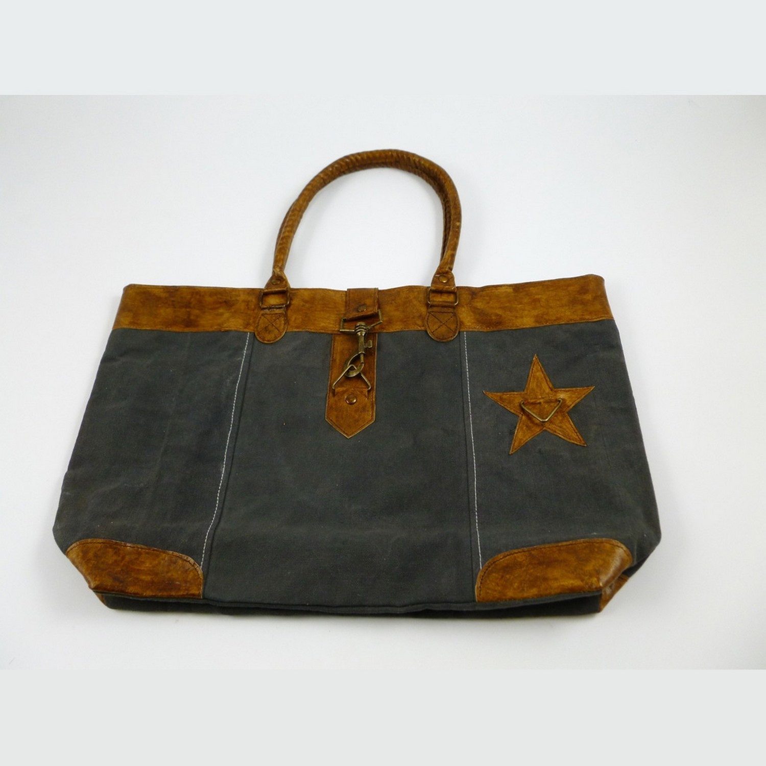 Deko AS Freizeittasche Canvas Shopping Bag Damen – Dunkelblau mit Leder - 50x32 cm - 74154