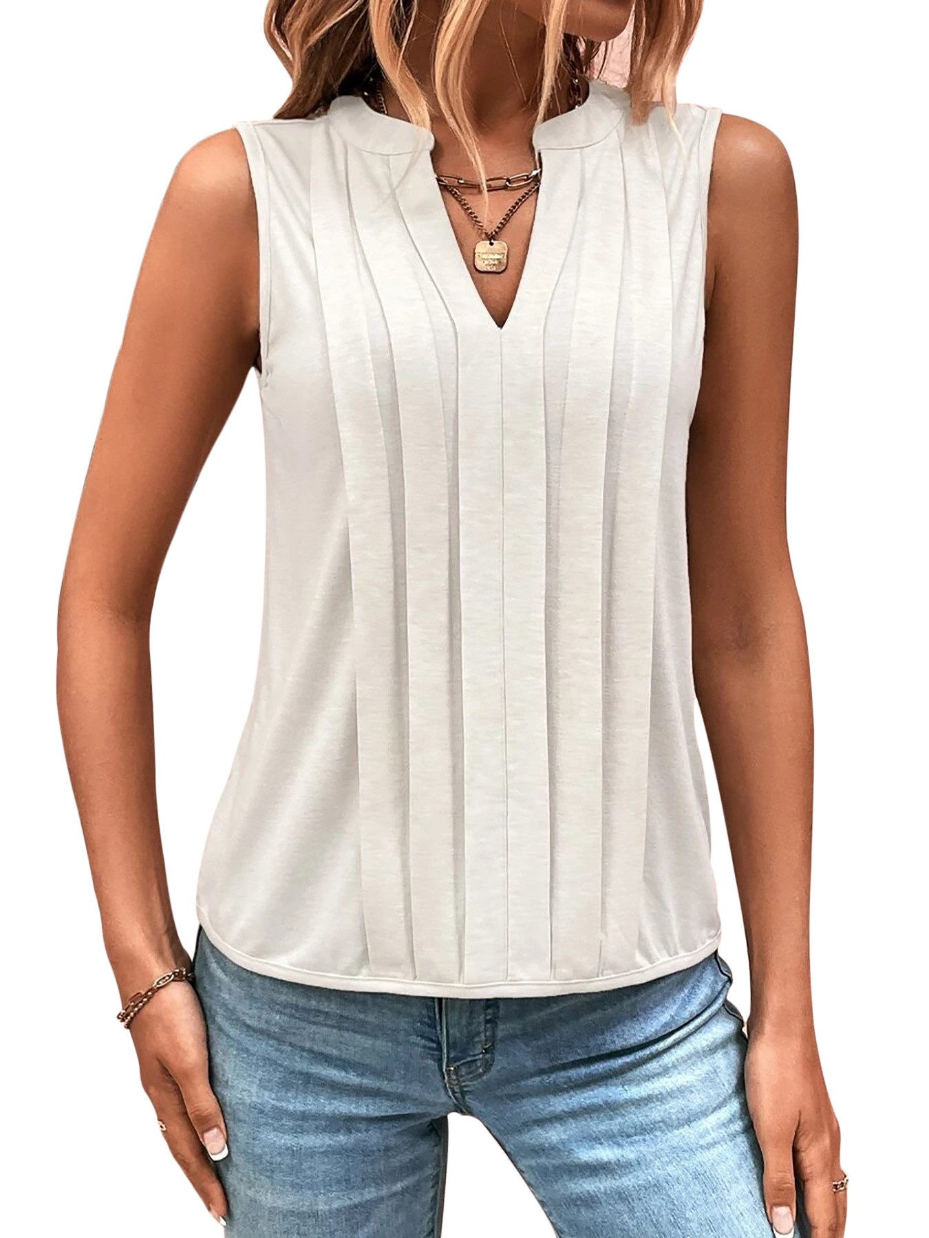 DEBAIJIA Kurzweste Damen Tank Top Plissee V-Ausschnitt Ärmellos T-Shirt Sommer Elegant