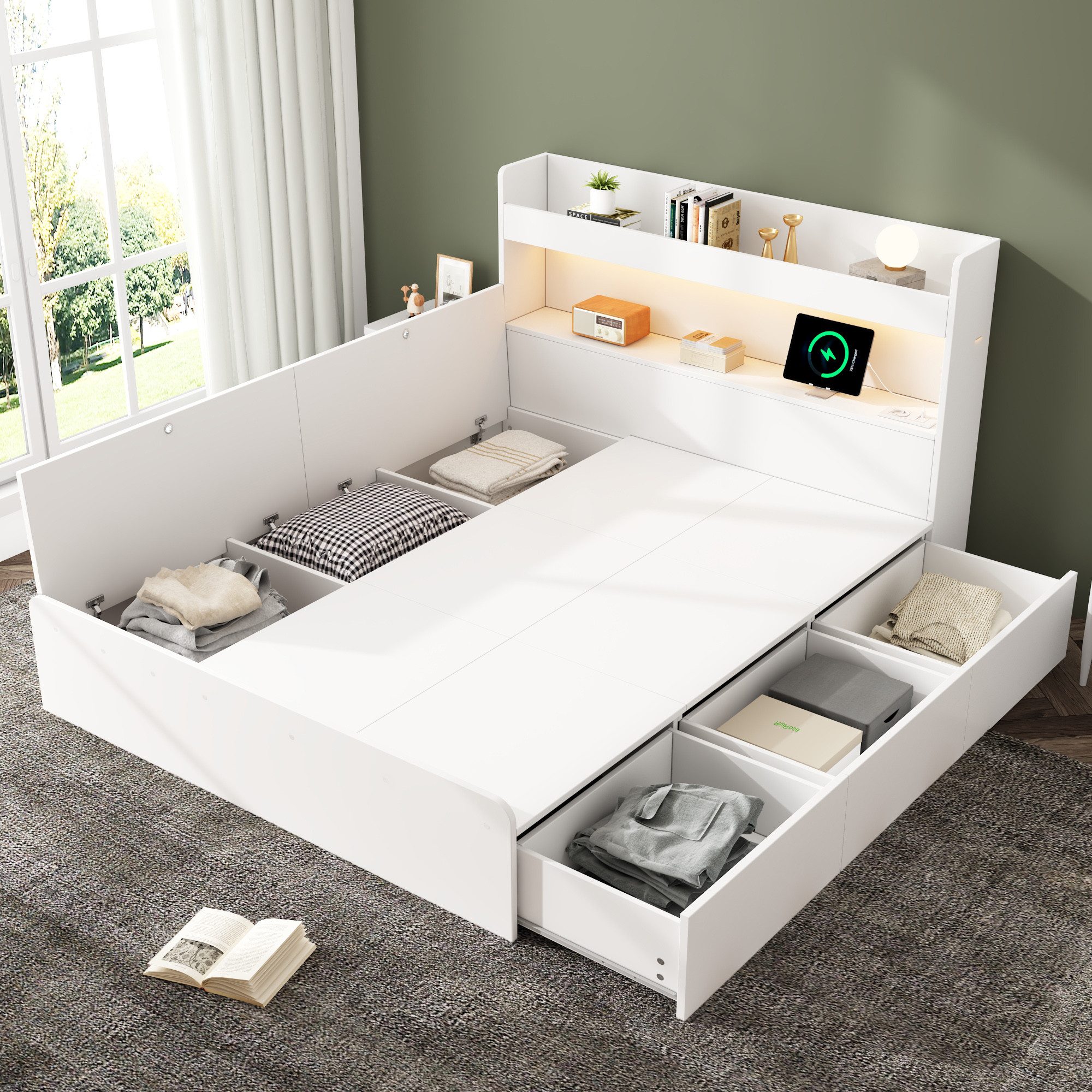 Flieks Holzbett, LED Doppelbett Stauraumbett 140x200cm günstig online kaufen