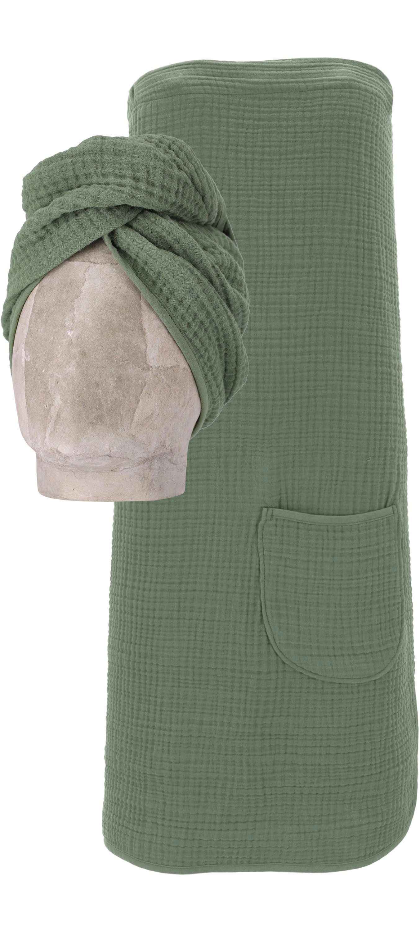 Vossen Kilt Wellness Set, ideal für Sauna & Spa, Hotelbademantel, Morgenmantel, Baumwoll-Mix, Musselin, 1 Spa Dress +1 Turban in einem Set inkl. Geschenkverpackung