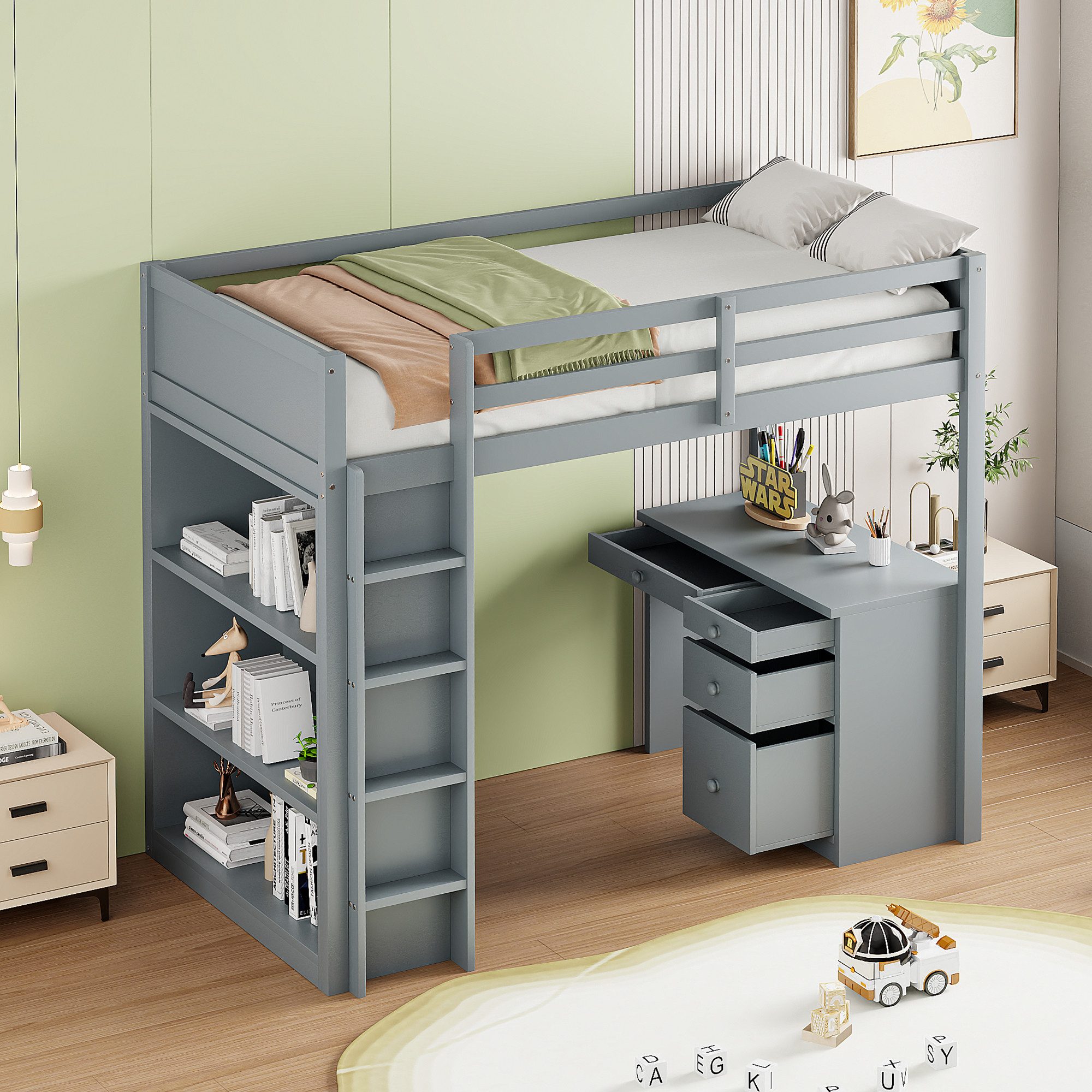 HAUSS SPOLE Hochbett 90x200cm mit Aufbewahrungsschränken & Computertisch für Kinder Grau