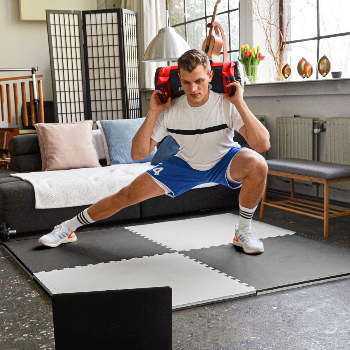 eyepower Fitnessmatte für Zuhause - 3,2 m² Trainingsmatte mit Rand - 4 Große Home Gym Matten (4-St), 90 x 90 x 2 cm Bodenschutzmatte Sport und Gymnastik - EVA Bodenmatte