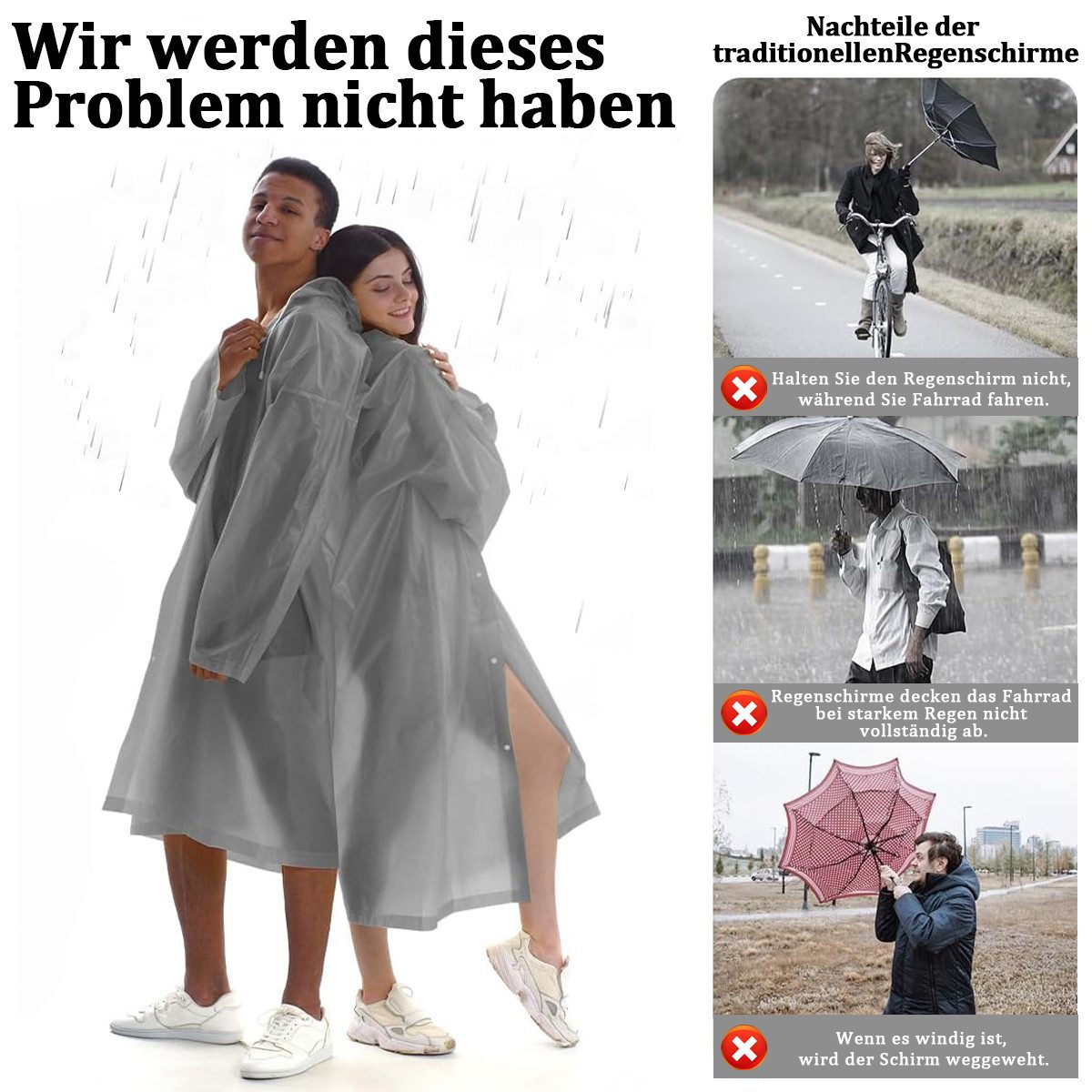 MOPUEA Regenmantel Regenmantel 2 Stück Durchsichtiger Regenponcho für Erwachsene (Set, 2-tlg., leicht, tragbar und wiederverwendbar) Vielseitiges Design mit Kapuze und elastischen Bündchen, windfest.