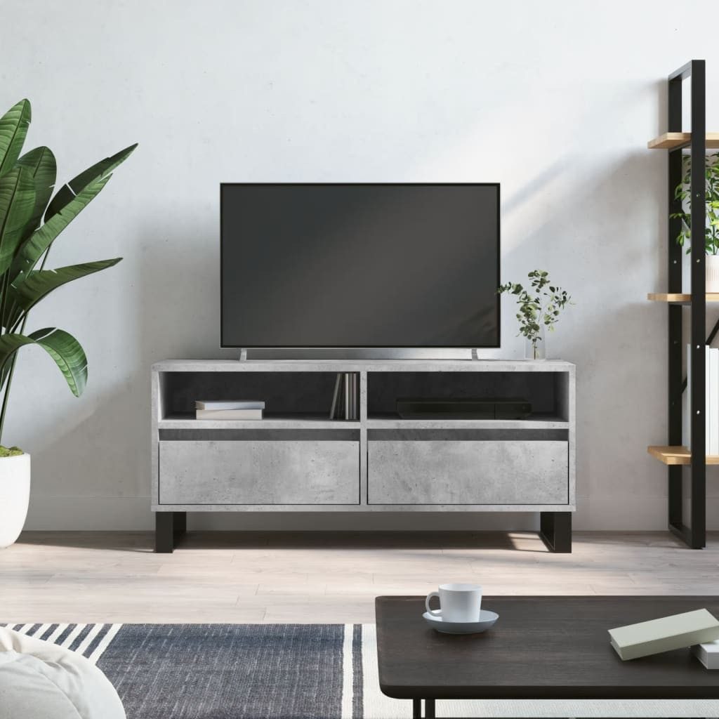 furnicato TV-Schrank Betongrau 100 x 34,5 x 44,5 cm aus Holzwerkstoff und Eisen (1-St) Lowboard mit zwei Schubladen und Fächern für das Wohnzimmer