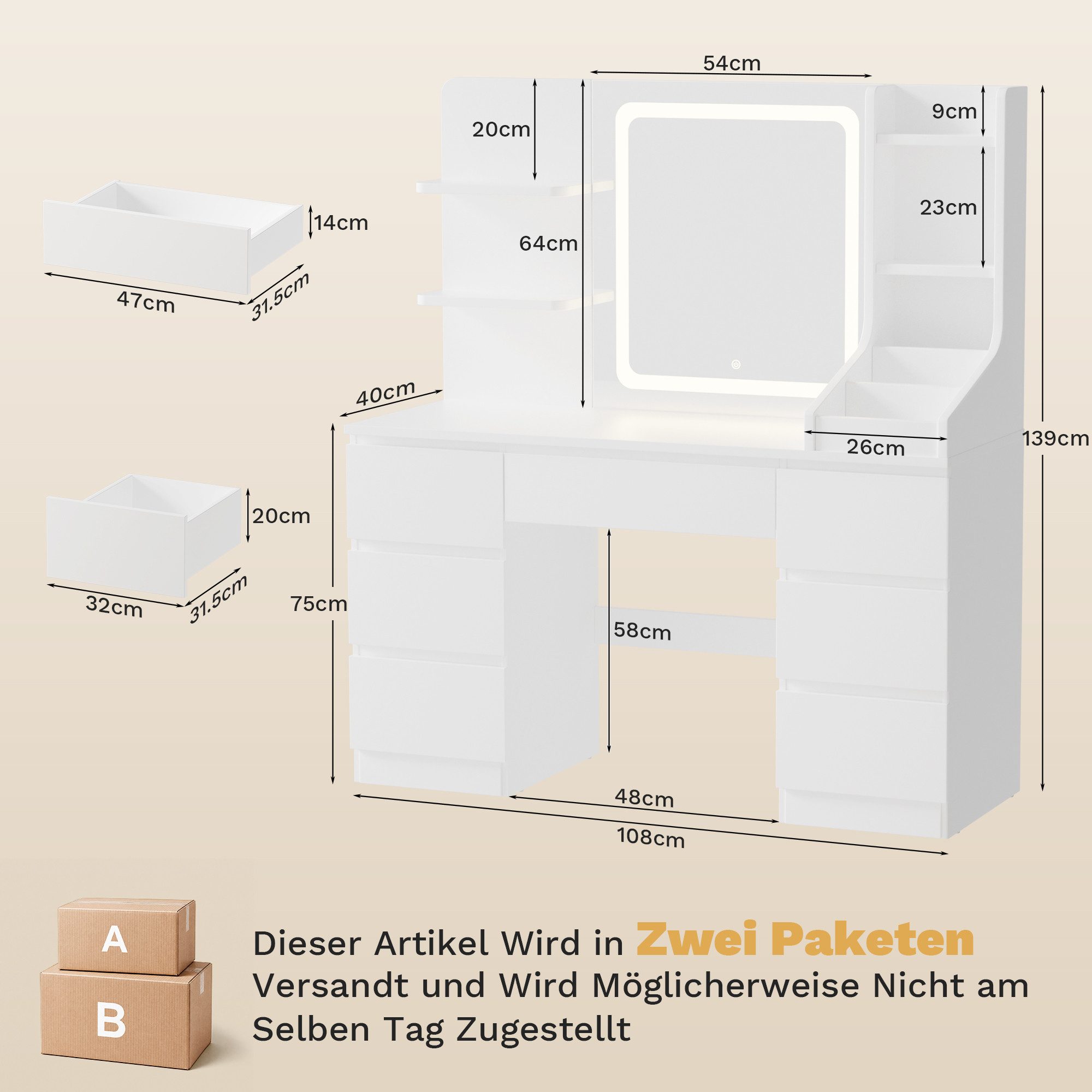 HOMALL Schminktisch LED-Spiegel, 7 Schubladen, 110 cm breit, Aufbewahrungshocker optional (Schminktisch mit dimmbarem LED-Spiegel (3 Farben), 7 Schubladen + 8 Fächer, 110×40×139 cm – 5 Farben (Schwarz/Rosa/Vintage/Weiß/Weiß Hochglanz), Hocker opt., E1-Platte), 110*40*139CM B/H/T