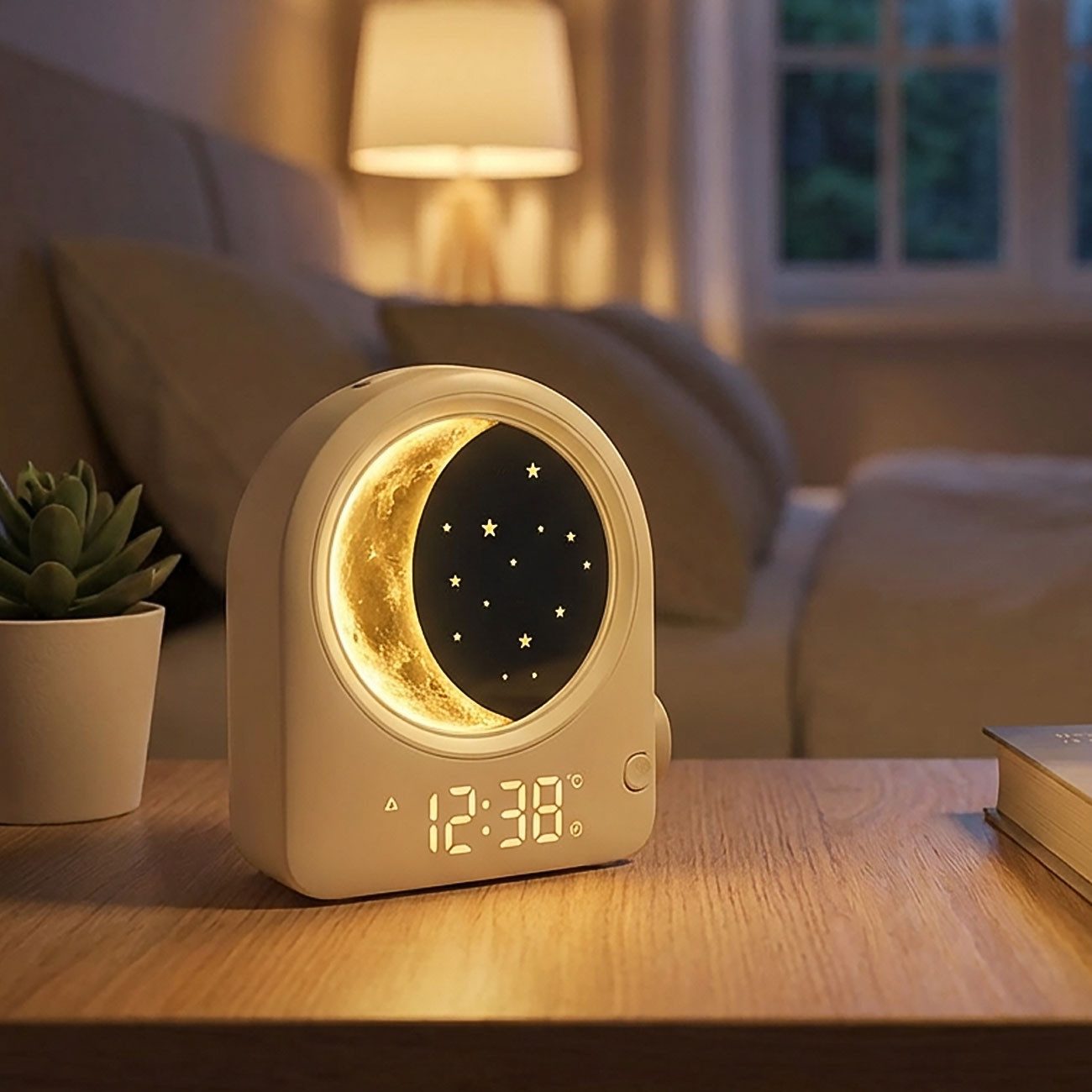 TFA Dostmann Tageslichtwecker Mondlampen Lichtwecker Meteor-Simulation Timer 2 Alarme & 10 Sounds Dual-Alarm (2 Weckzeiten), Snooze-Funktion, stufenlos dimmbar